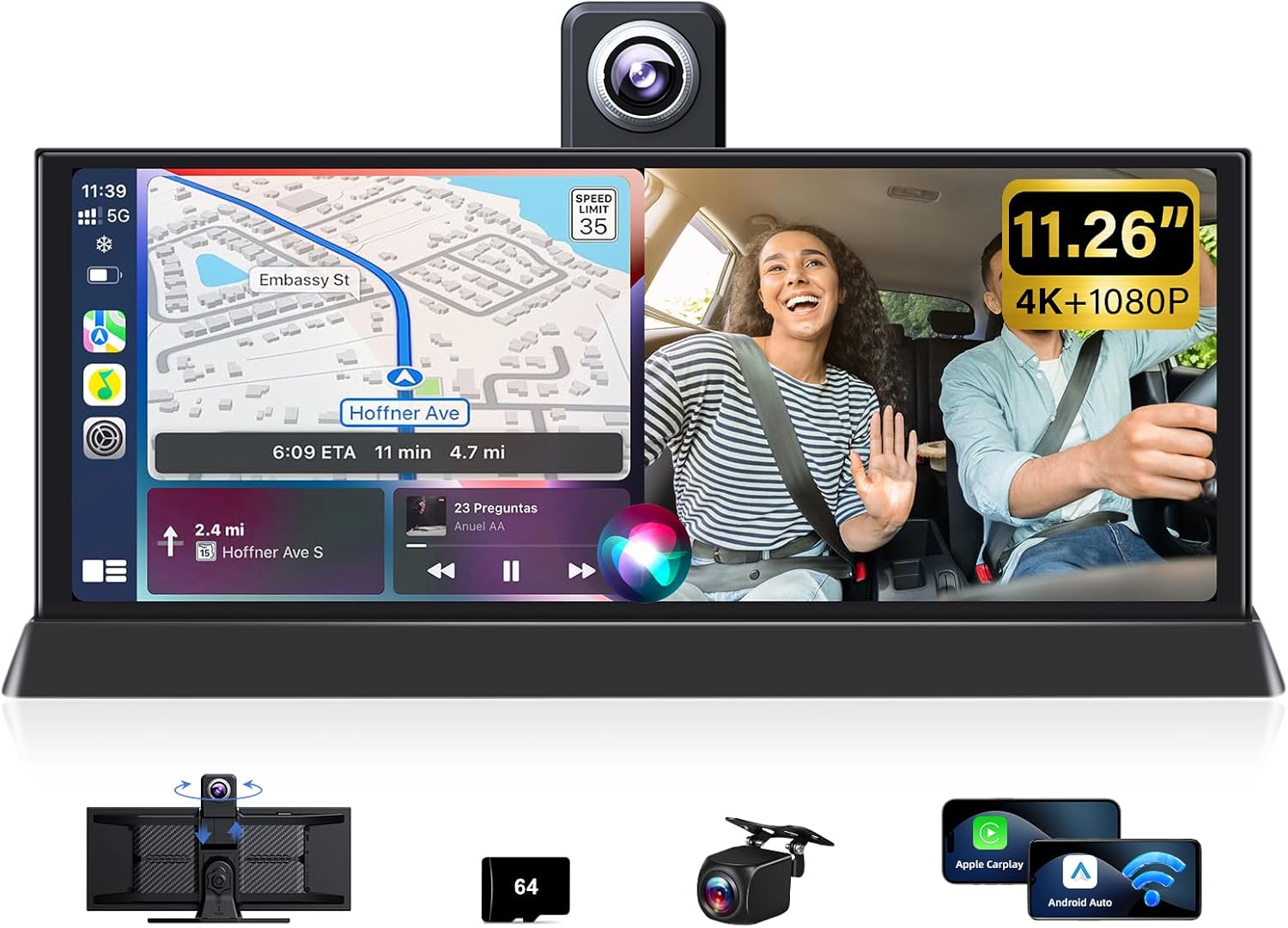 11.26'' Apple CarPlay Screen for Car Tablet Pro Max 2025 Wireless Car Play Android Auto Screen 4K Dash Cam with 350° Rotatable Lens Bluetooth/GPS Navigation/Voice Control Unique Bracket