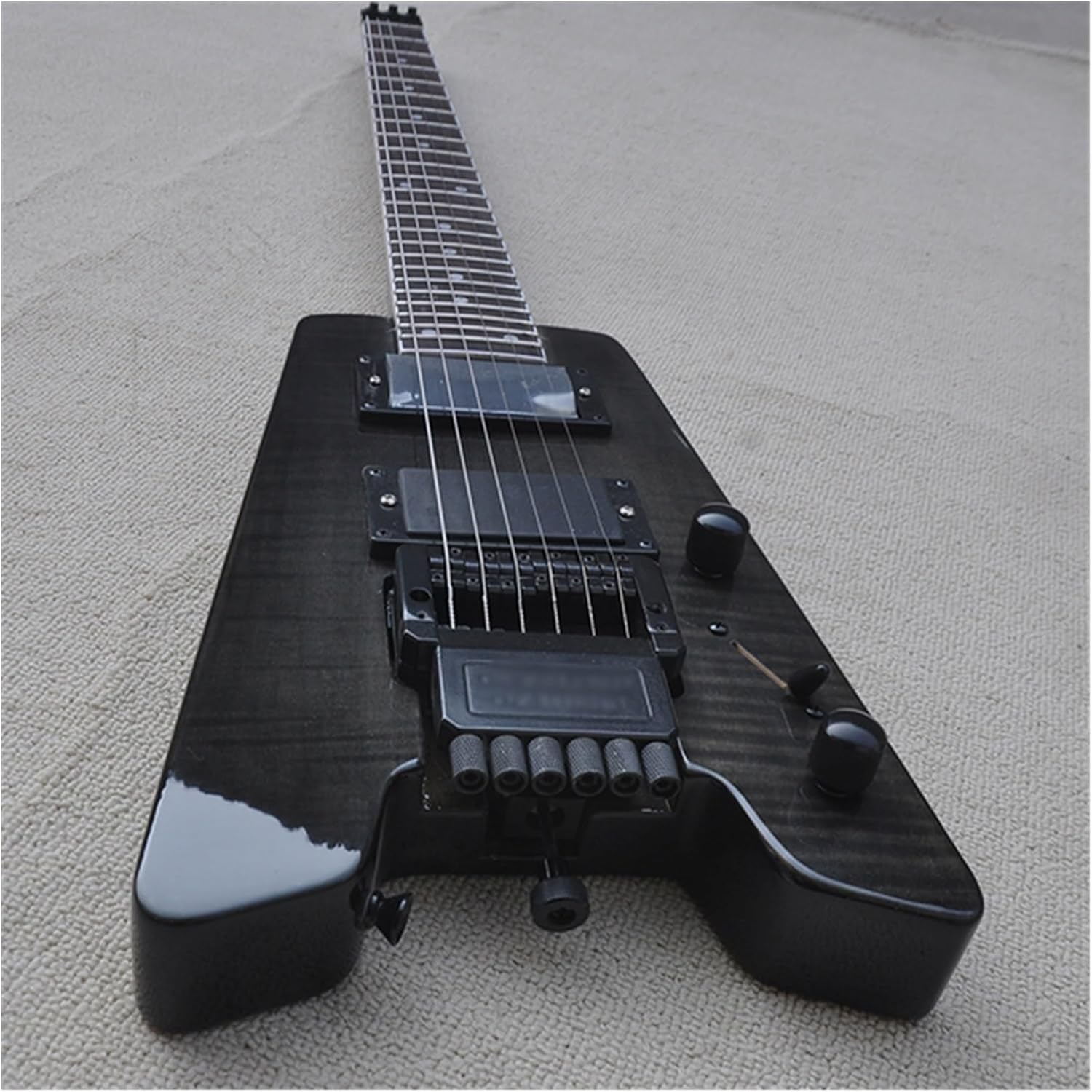 Headless Electric Guitar Black 39 Inches Headless Electric Guitar with Flame Maple Veneer 24 Frets