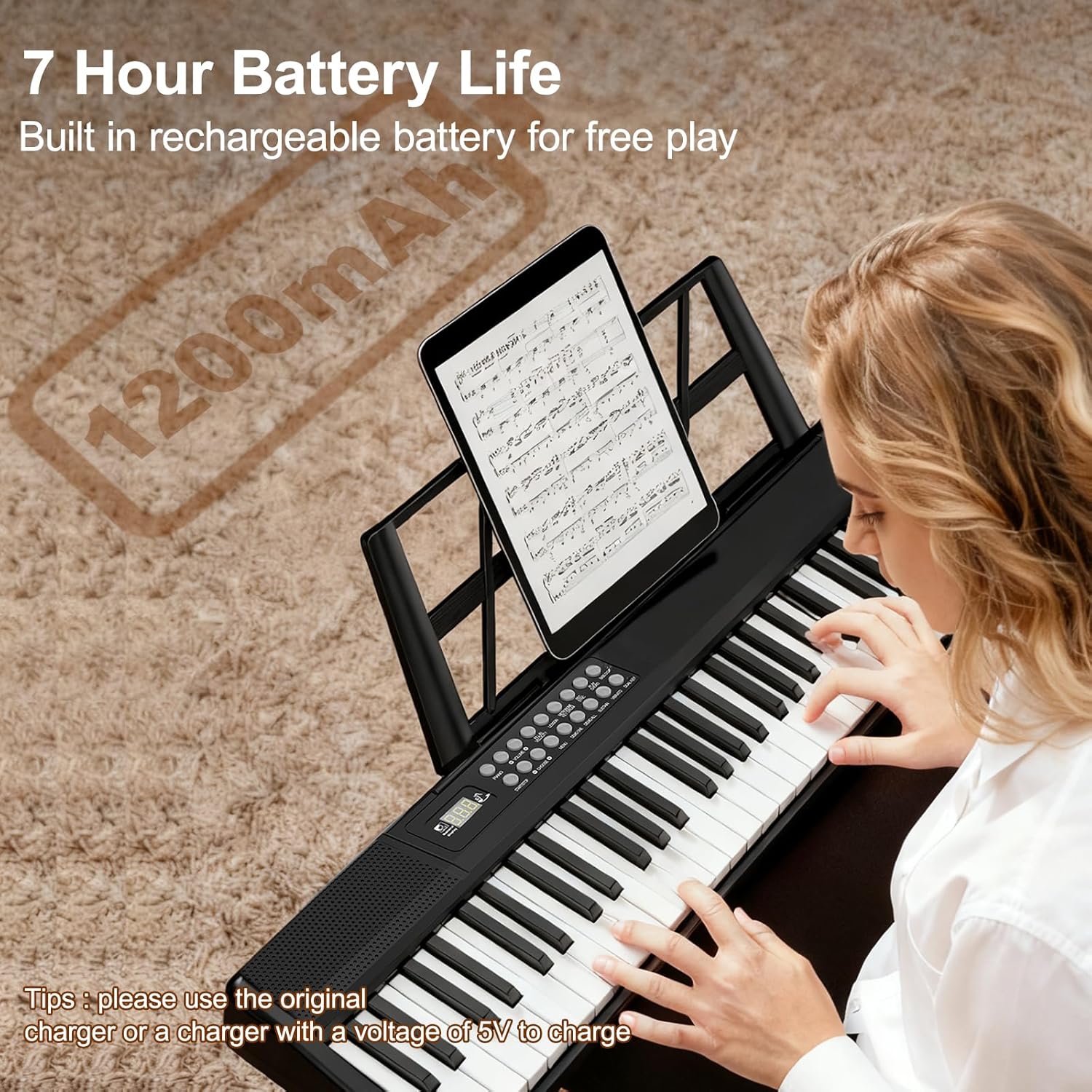 Electronic Piano Keyboard,Foldable 61 Key Digital Pianos with Power Adapter,Sheet Music Stand,Sticker,Bag,Gift for Beginners,Black