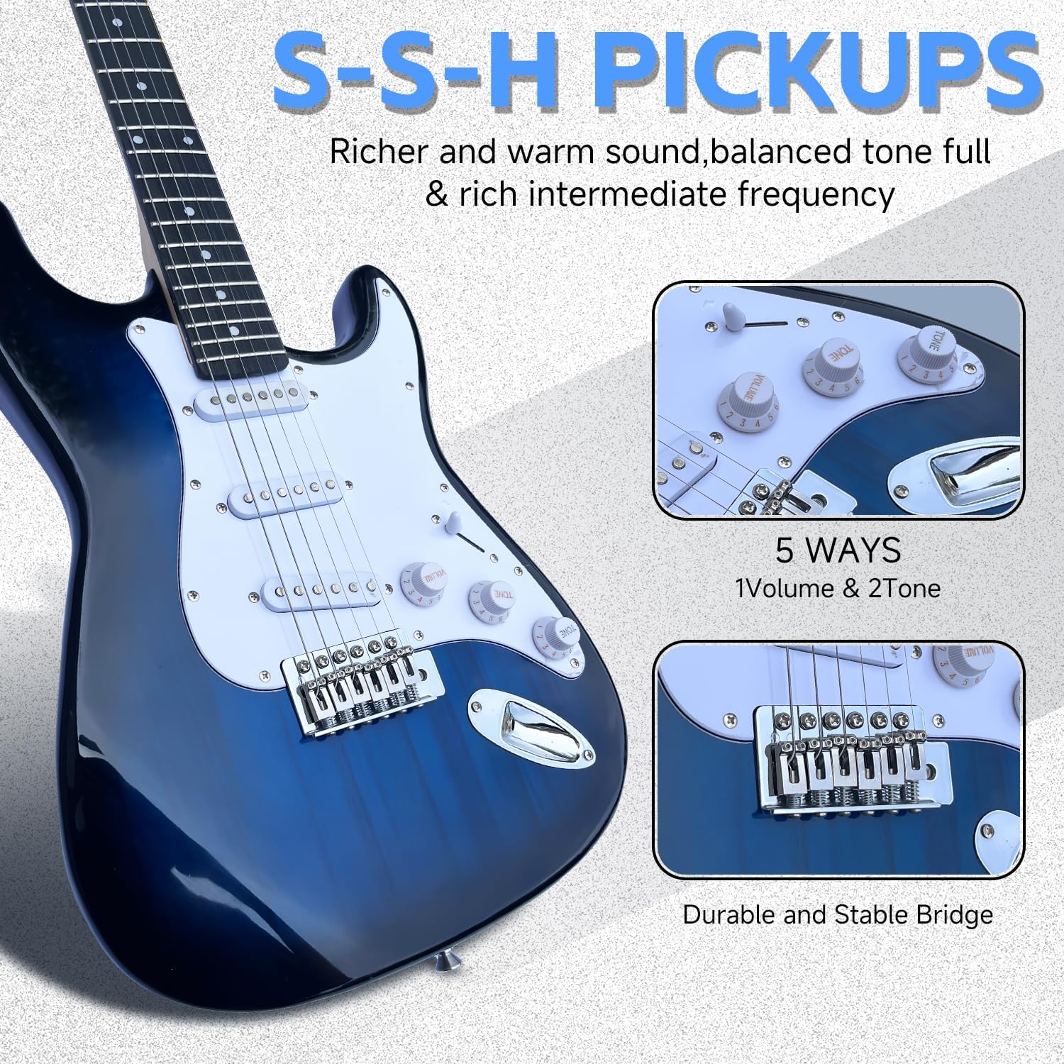 39in Full Size Beginner Electric Guitar Starter Kit w/Case, Strap, 20W Amp, Strings, Pick, Tremolo Bar (Blue Guitar)