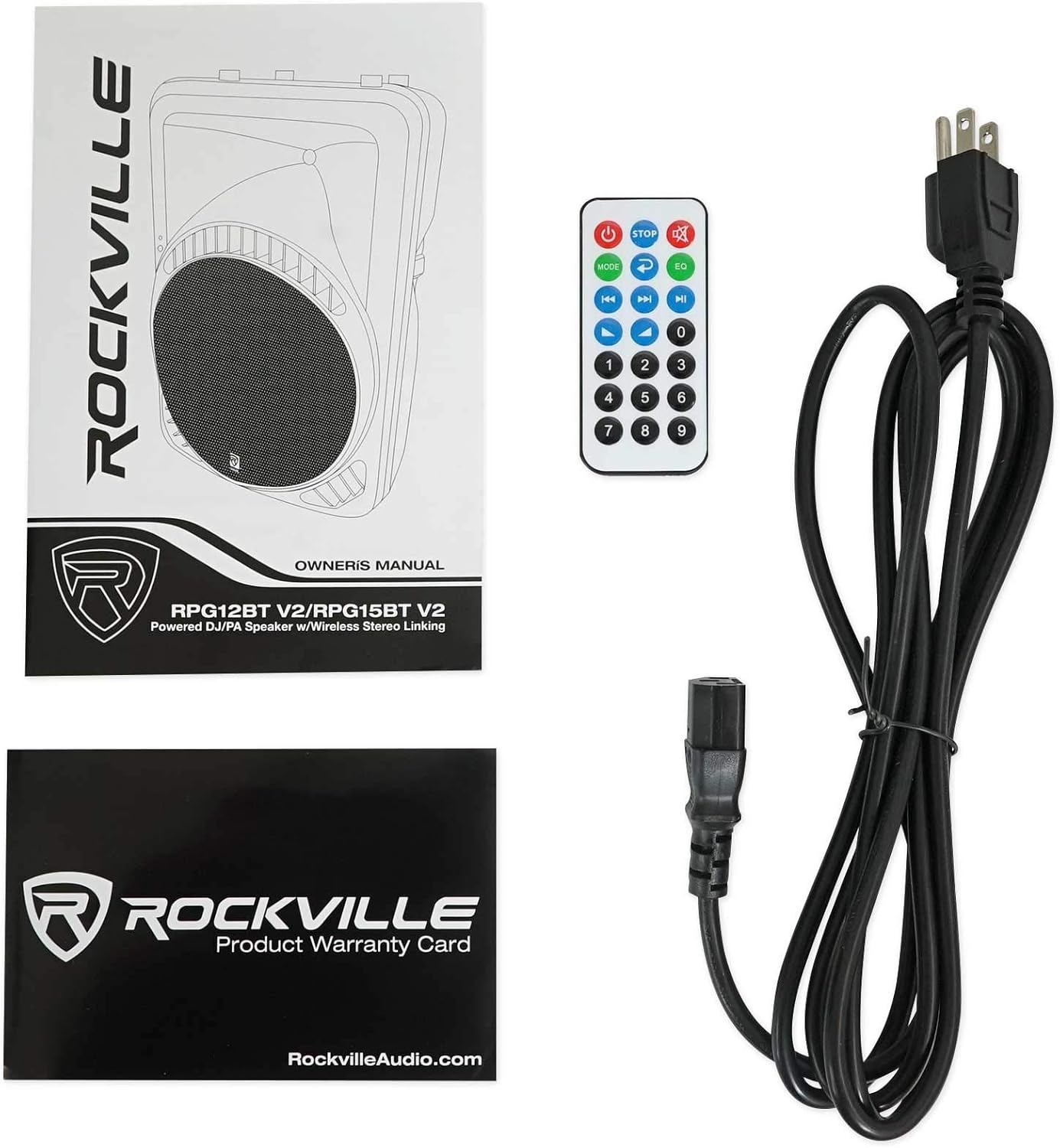 (2) Rockville RPG12BT V2 800W Speakers Bundle with Rockville RFAAW DJ Event Facade, (2) Rockville RCXFM20E-B Mic Cables, (2) Rockville Pro MIc Kit 1 Mic & (2) Rockville Party Stands Speaker (5 Items)