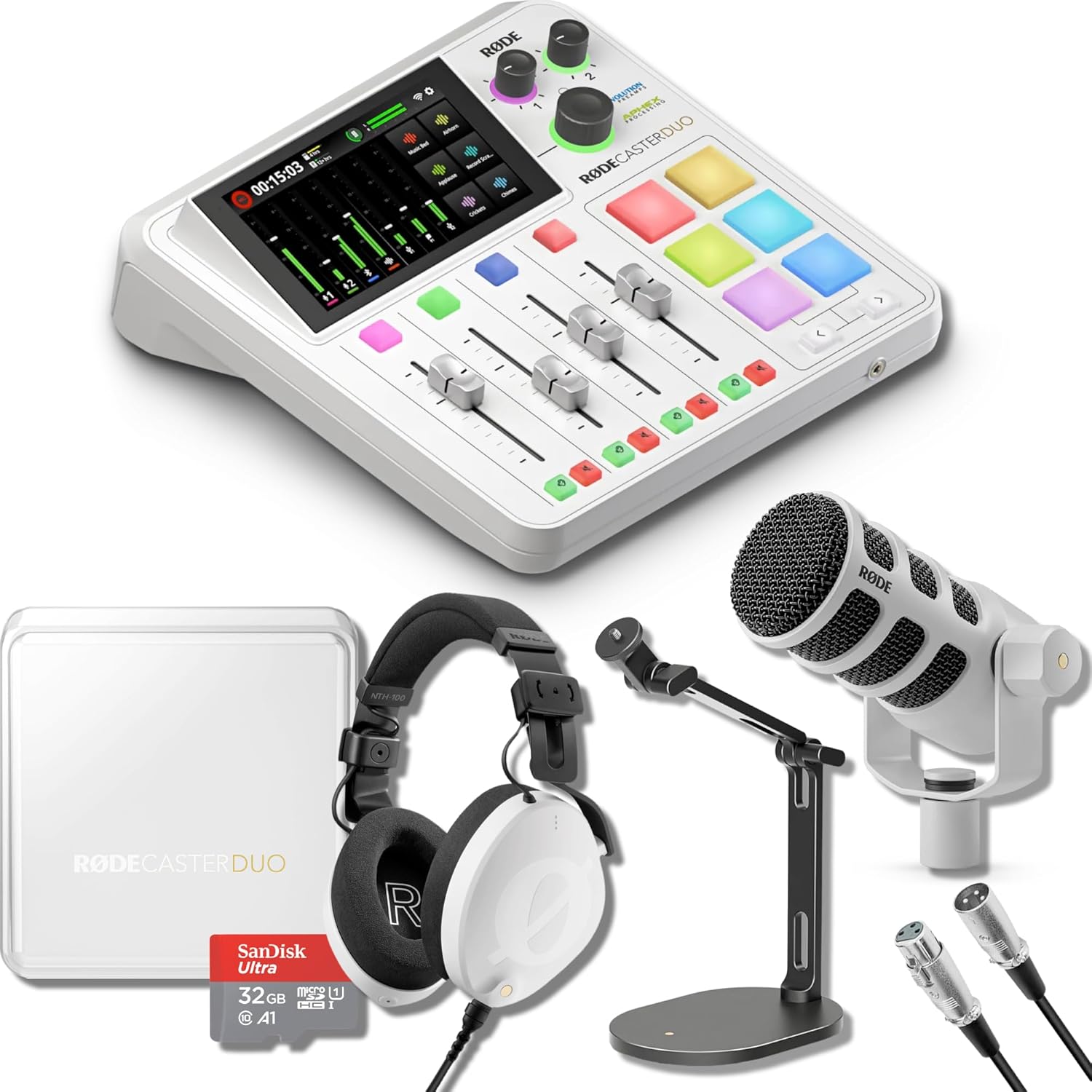 Rode RODECaster Duo with White-out Rode Podmic Dynamic Podcast Microphone, DS2 Desktop Mic Stand, NTH-100 Studio Headphones, RODECaster Duo Cover, SD Card and XLR Cable
