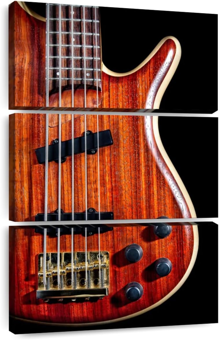 ElephantStock - Wooden Bass Guitar Wall Art - Vertical Multi Panel Canvas - 3 Piece Living Room Wall Decor - Photography Music Multi Piece Wall Art - Red And Black Decor - 48