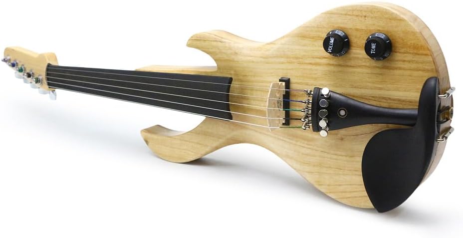 Electric Violin 4/4 Full Size Solid Wood Guitar Shape Body Silent Violin Set for Adults Beginner Practice Electric Fiddle with Ebony Fittings Hard Case & Bow (5 Strings log Color Big Jack)