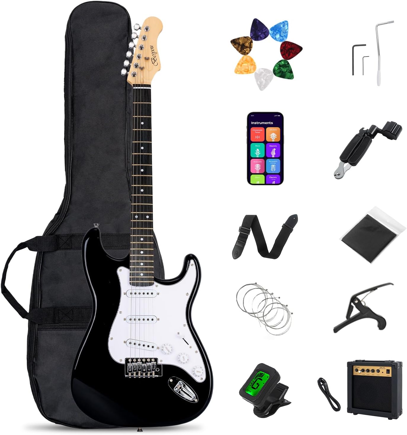 39 Inches Full Size Electric Guitar Beginner Electric Guitar Kits with Amp Classic SSS Pickup Complete with Gig Bag Tuner Capo Strap Picks Guitar String Winders Black
