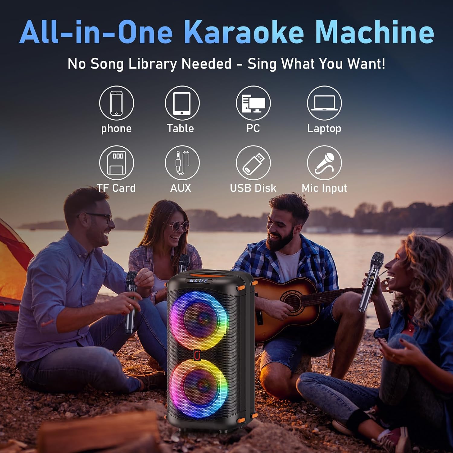 Karaoke Machine with 2 Wireless Microphones, Portable Bluetooth Karaoke Speaker for Adults, Big Party PA System with Dicso Lights & Dual 6.5