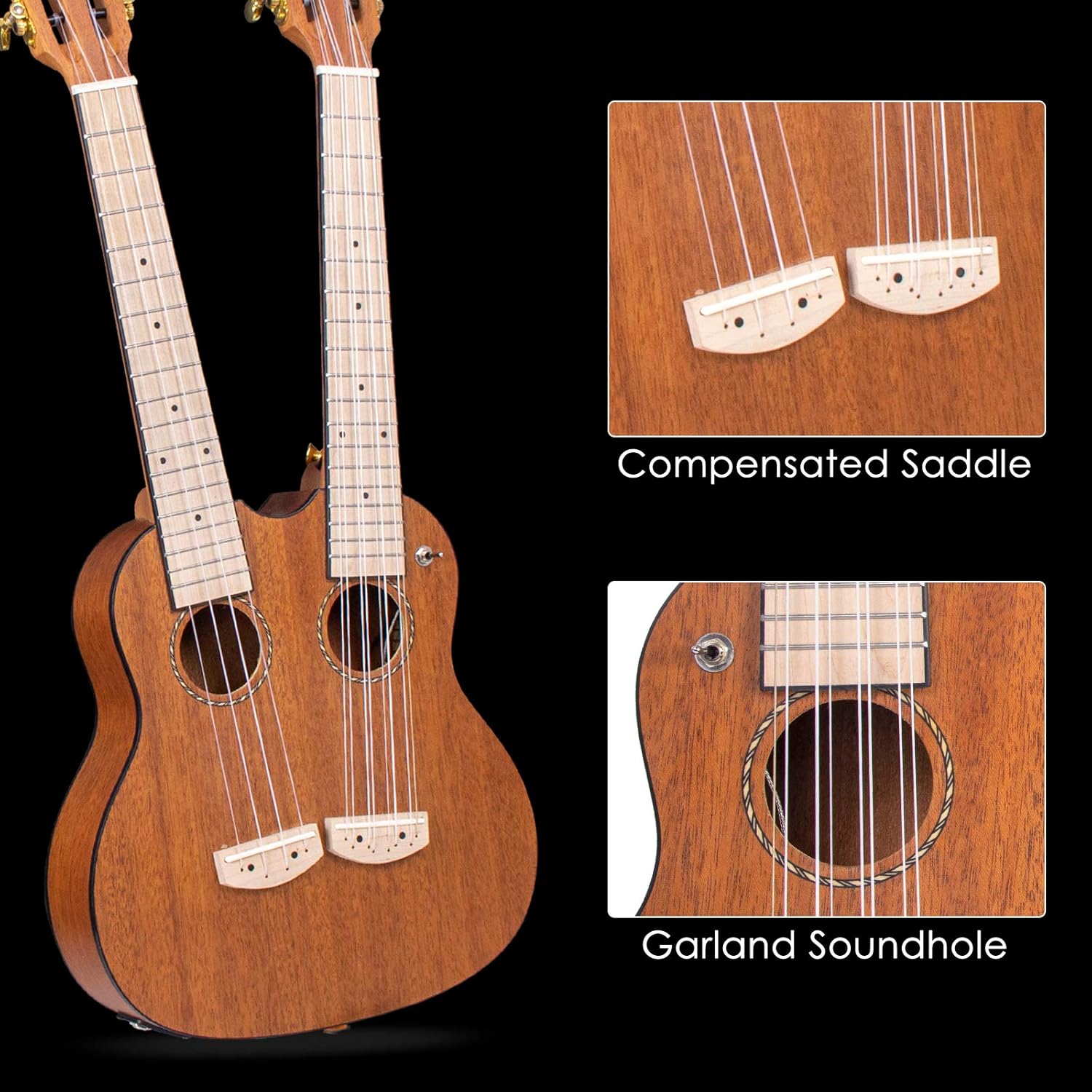 Double Neck/Headstock Ukulele,Kmise Electric Tenor Ukulele,Custom Made Ukelele for Professionals,4&8 String Mahogany Instrument with Gig Bag
