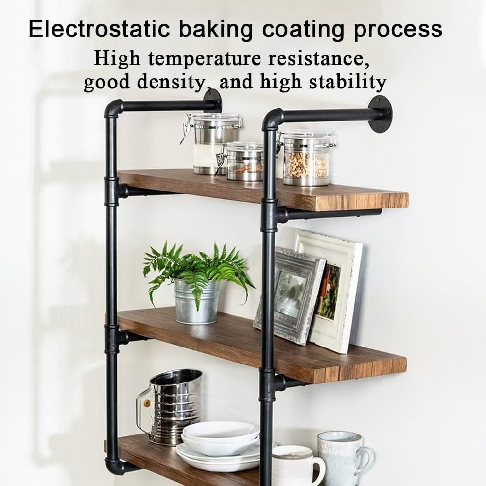 Solid Wood Floating Bookshelf, 3-Tier Hanging Spice Rack with Metal Frame, Industrial Pipe Shelving for Kitchen, Living Room, Modern Mug Rack Wall Mounted(80cm-31.5in)