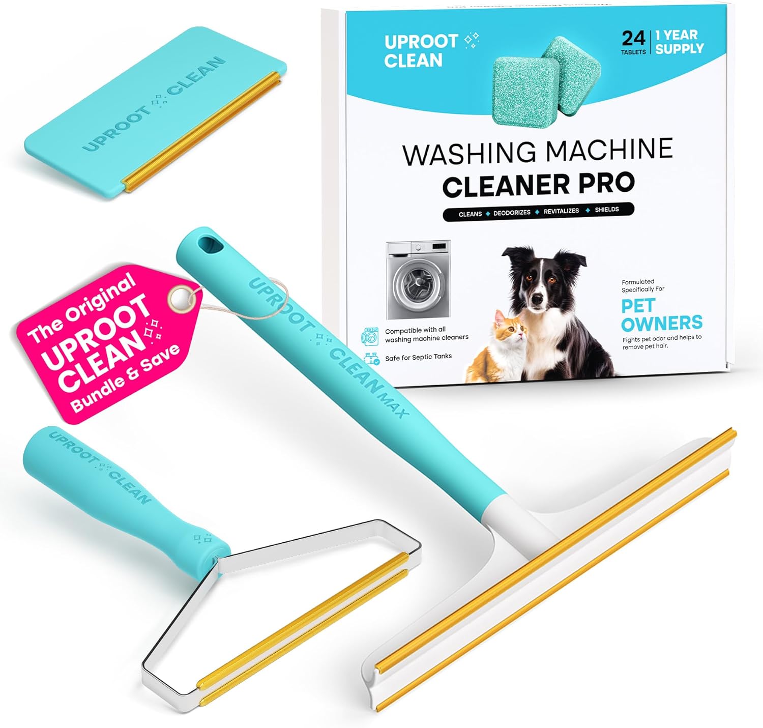 Uproot Clean Hairmageddon Survival Kit & Washing Machine Cleaner Tablets Pro: 3 Uproot Clean Pet Hair Remover Sizes & Washer Machine Cleaning Tablets for Pet Owners - Spotless House & Perfect Laundry