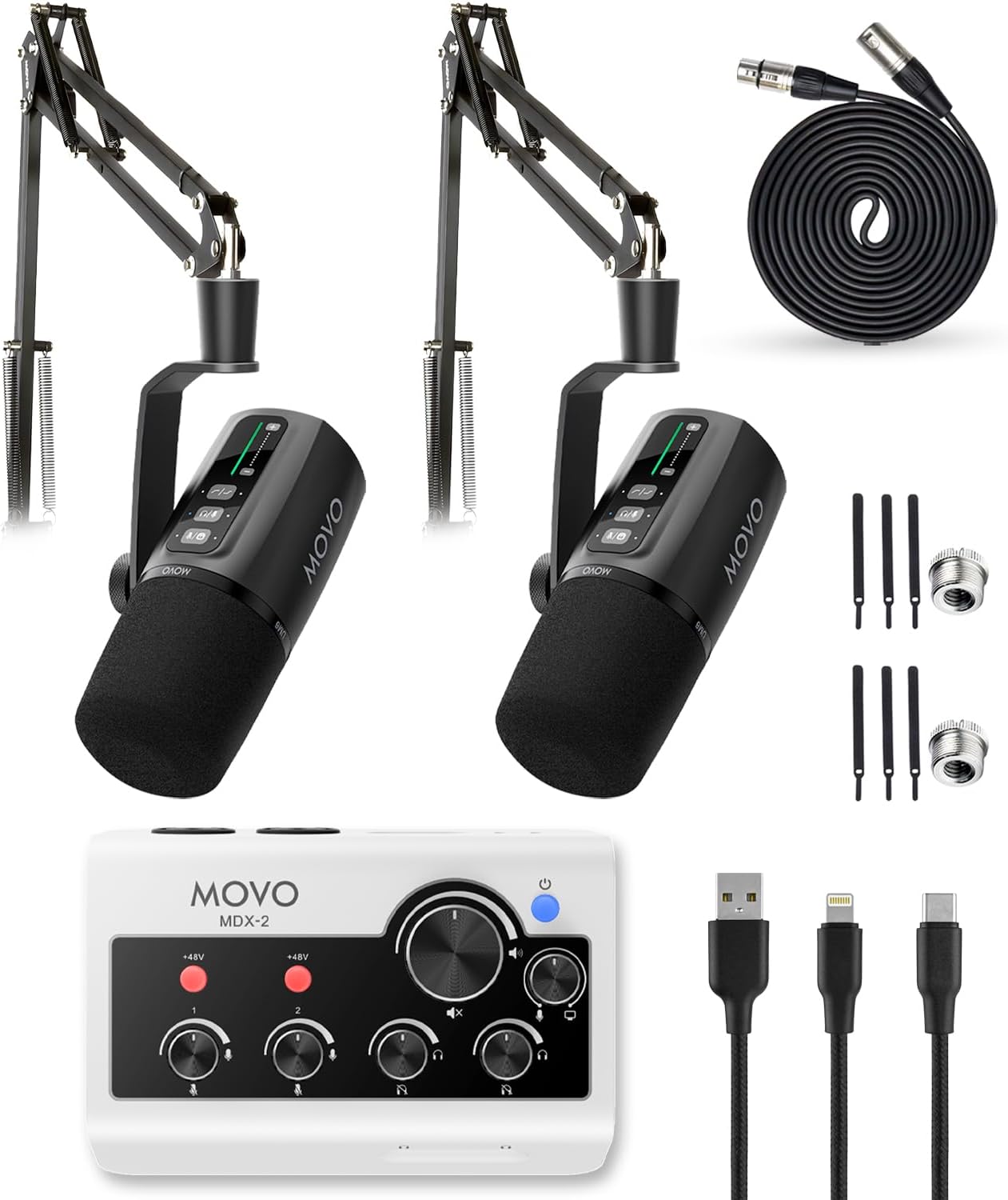 Movo Portable Podcast Equipment Bundle for iPhone/Android Phones- Podcast Kit with Audio Interface, 2 UM6 Dynamic Mics, 2 Boom Arms - for Smartphones, Computers, PC and Mac