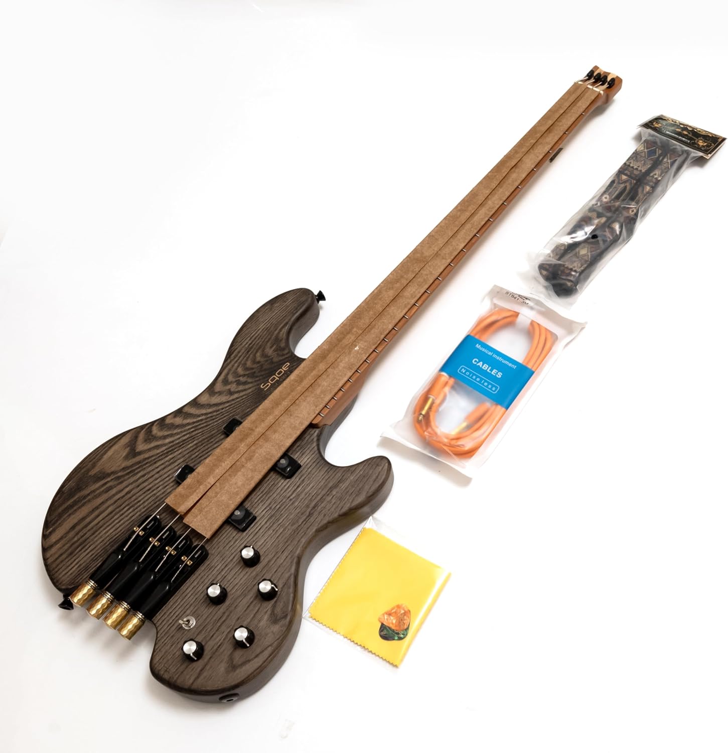 24 Frets 4-String Headless Electric Bass Guitar, Solid Ash Body & Roasted Maple Neck, Matte Finish, Stainless Steel Frets (Tea-colored no Bag)