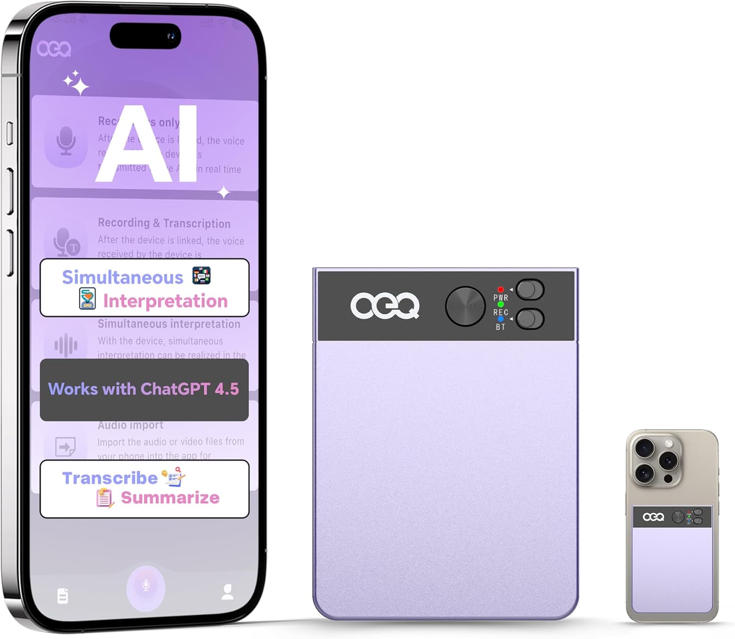 AI Voice Recorder with Simultaneous Interpretation & Real-timeTranscription,64G Recording Memory AI Speech Processor Powered by ChatGPT with App Control for Business/Education/Interviews, Purple