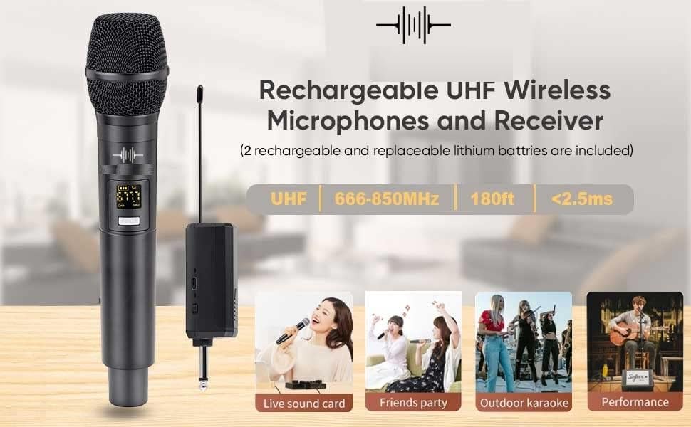 Wireless Mic, Microphone, Karaoke Handheld mic System 6.35mm Jack, 30-50 Meter Cordless Range for House Parties, Karaoke Singing,Wedding,School Presentation, Speaker,Amplifier