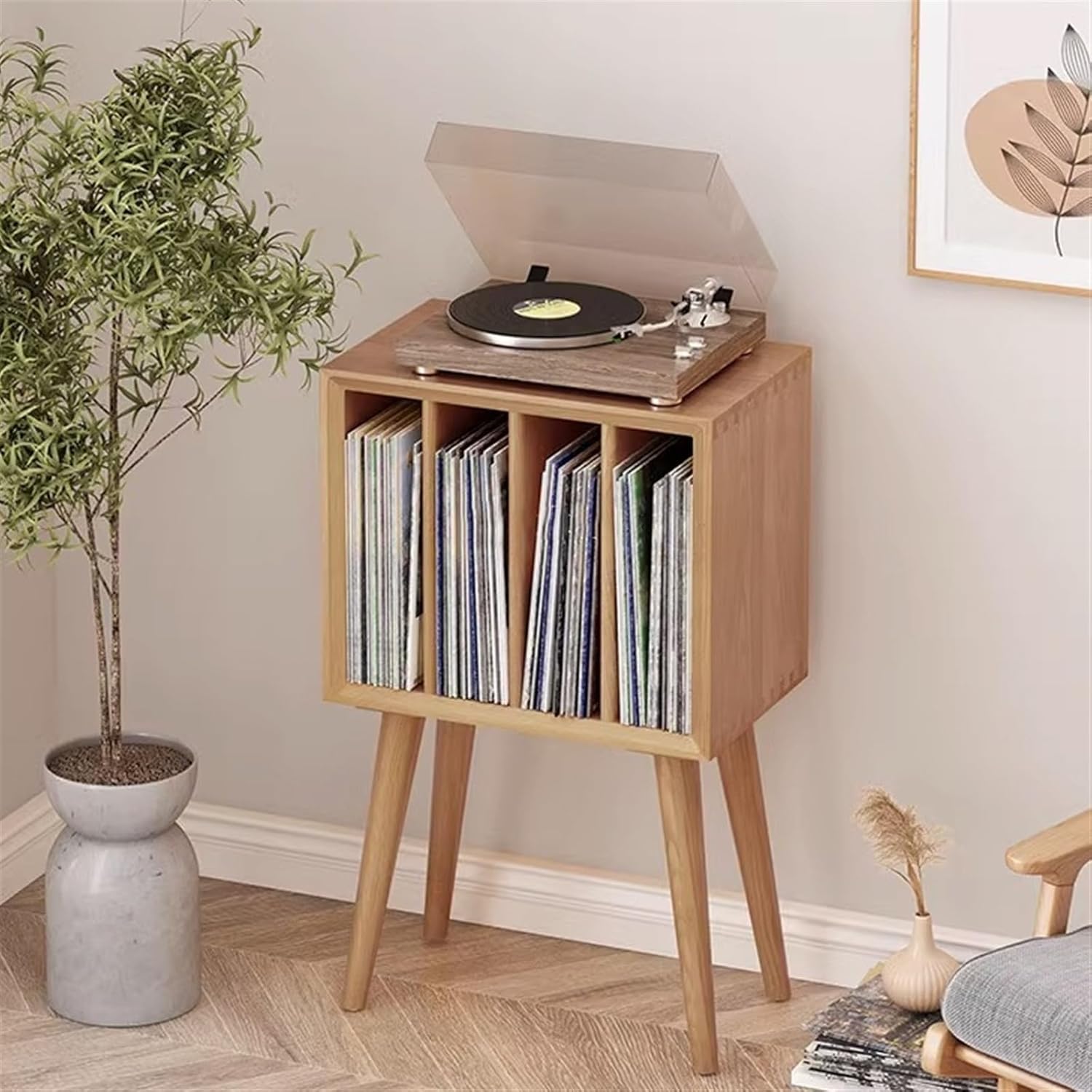 Record Storage Shelf Record Player Stand, Vinyl Record Storage Table Display Holder wth 4 Cabinets, Retro Pine Turntable Stand, Nightstand for Bedroom, Living Room, Office Record Holder Shelf (Color