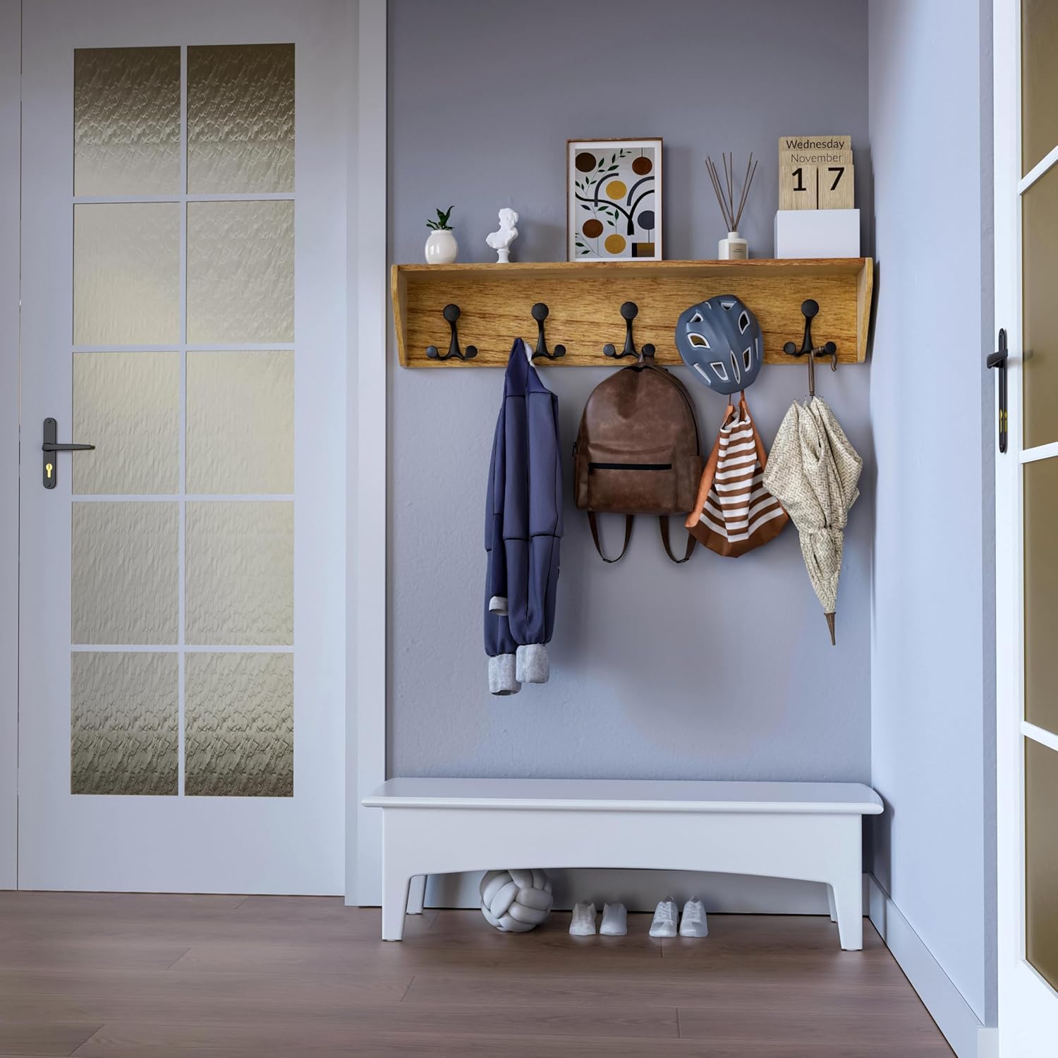 SKOLOO Wall Shelf with Hooks, 24-Inch Brown Coat Rack Wall Mount with Shelf Organizer - Lightweight & Sturdy​​, 5 Tri Hooks - Perfect for Entryway, Hallway, Living Room, Bedroom, Mudroom