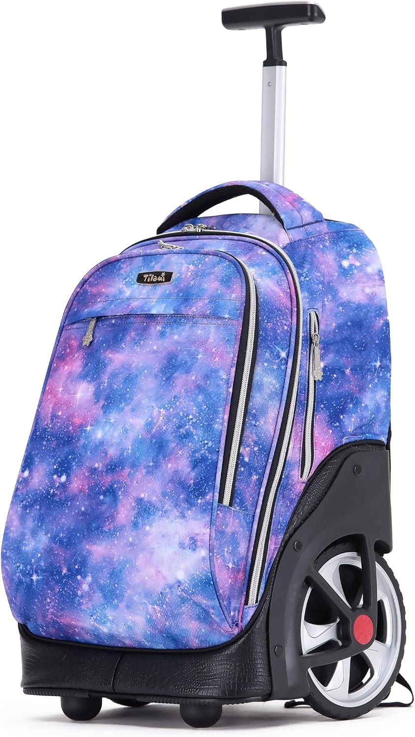 NEW TILAMI 19 inch Rolling Backpack Teens Rolling Backpack Cute Wheeled Laptop Backpack Bookbag Roller Travel Bag College, Star Violet