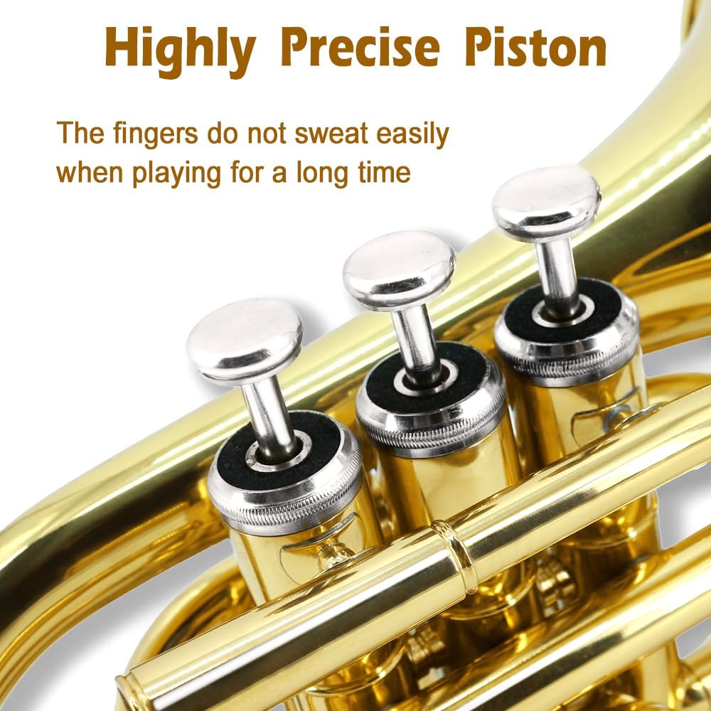 Yinfente Bb Flat Pocket Trumpet Bass Trumpet For Beginner,Student With Cleaning cloth, Silver plated 7C mouthpiece,hard case White gloves (Gold)