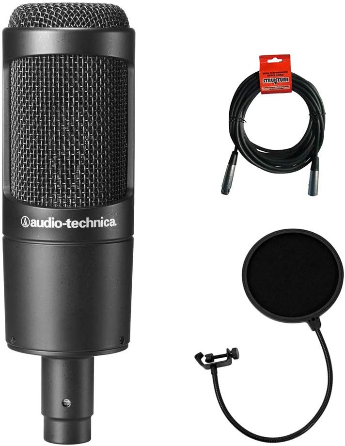 Audio-Technica AT2035 Cardioid Condenser Microphone Bundle with Pop Filter with 2 Layered Mesh and 10-foot XLR Cable
