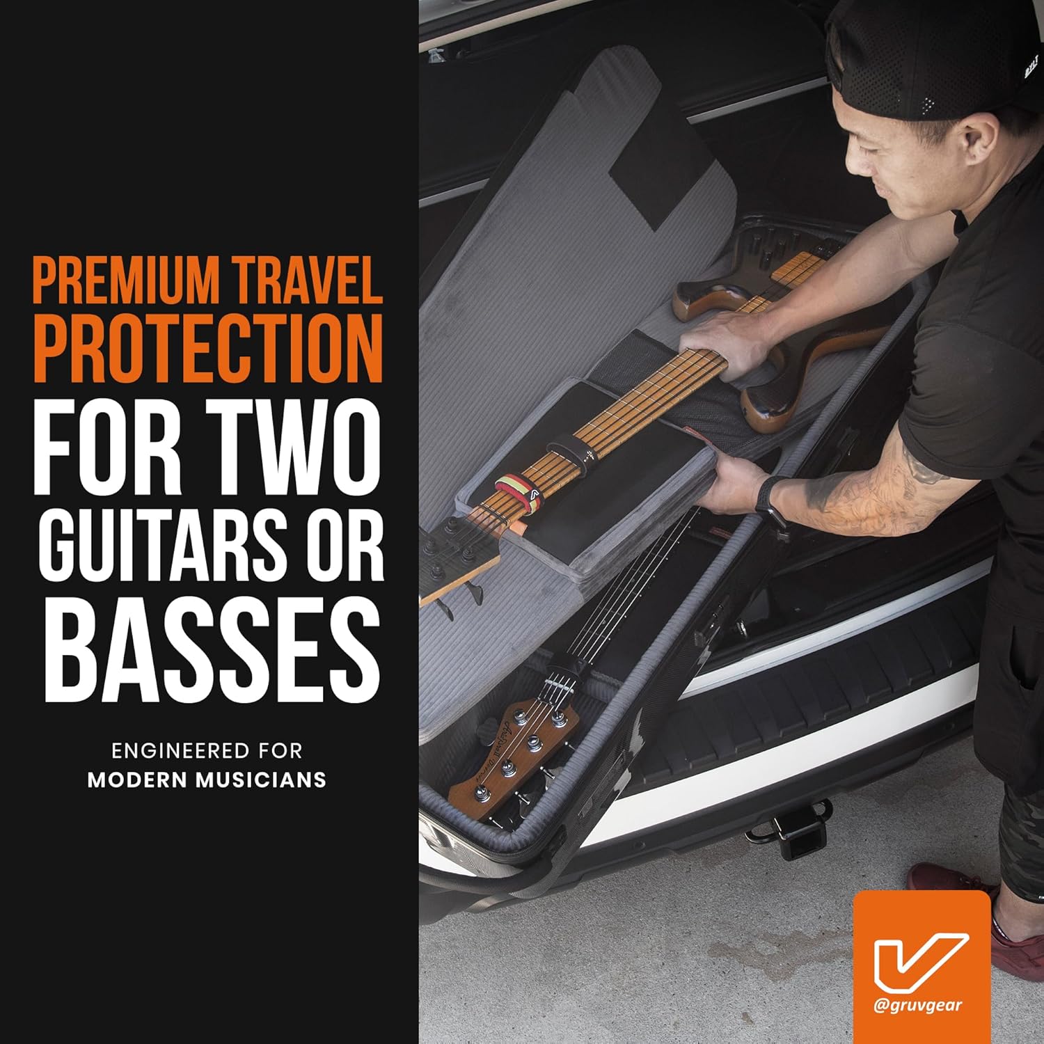 Gruv Gear Kapsule Duo Travel Case for 2 Electric Bass – Removable Wheels, Rugged ABS/PC Shell, Large Gear Pocket & Padded Shoulder Straps – Gig Bag with Global Recovery Tag – Black