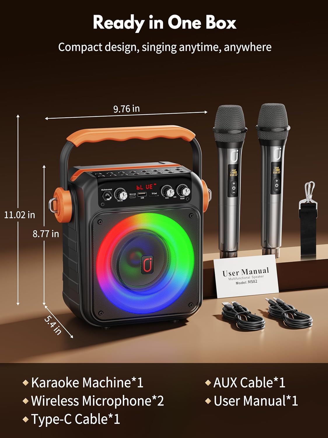 Karaoke Machine with 2 Wireless Microphones: HWWR Portable Karaoke Bluetooth 5.3 Light Speaker, PA System Home Party with Subwoofer, Disco Lights, Supports TV/REC/FM/AUX/USB/TF for Gifts Adult Kids
