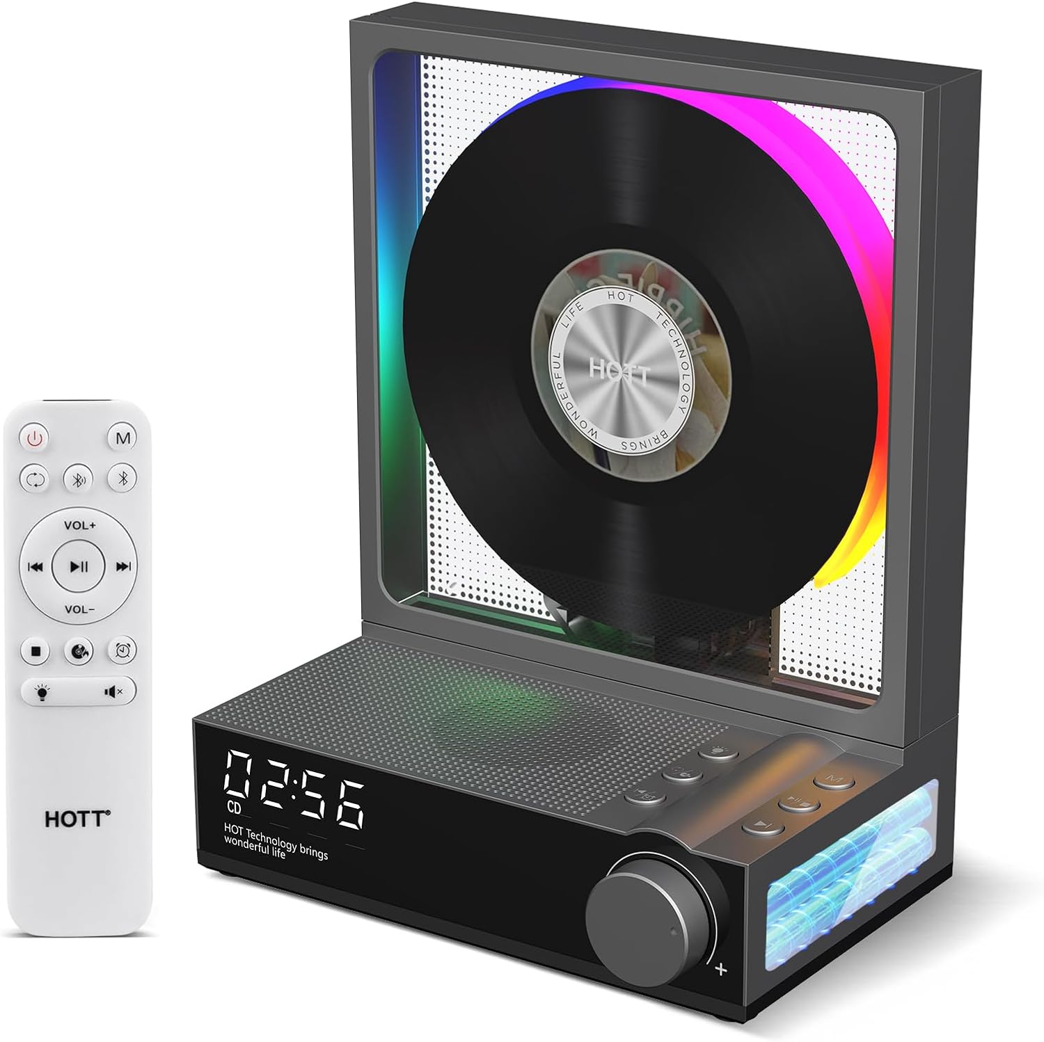 HOTT C229 Desktop Portable CD Player with Bluetooth 5.3,Built-in Speaker Hi-Fi Sound 8-14H Battery,Remote,RGB Light,Type-C Charging Play CDs, MP3, USB, AUX,TF Card (Grey)