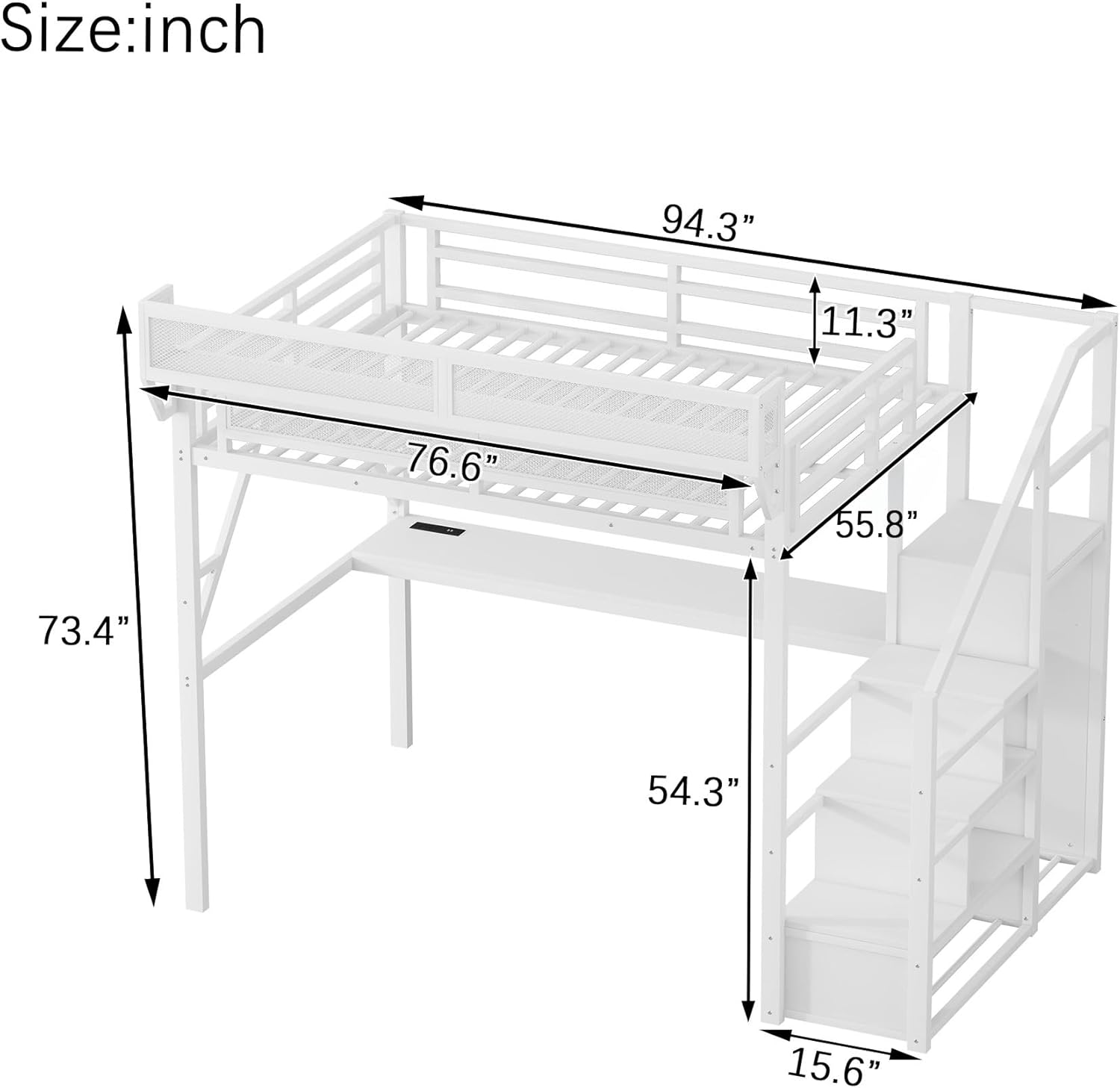 Full Loft Bed with Desk and Charging Station, Full Size Metal Loft Bed with Stairs and Light for Kids Teens, Black, Patent Products (White)