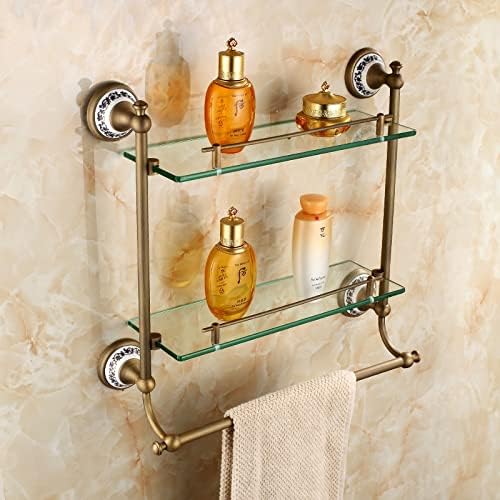 Shower Caddy Bathroom Glass Shelf 2 Tier, Coming with Towel Bar, Shower Caddy Bath Basket, Wall Mount, Antique Brass, Bronze Finish Bathroom Organizer