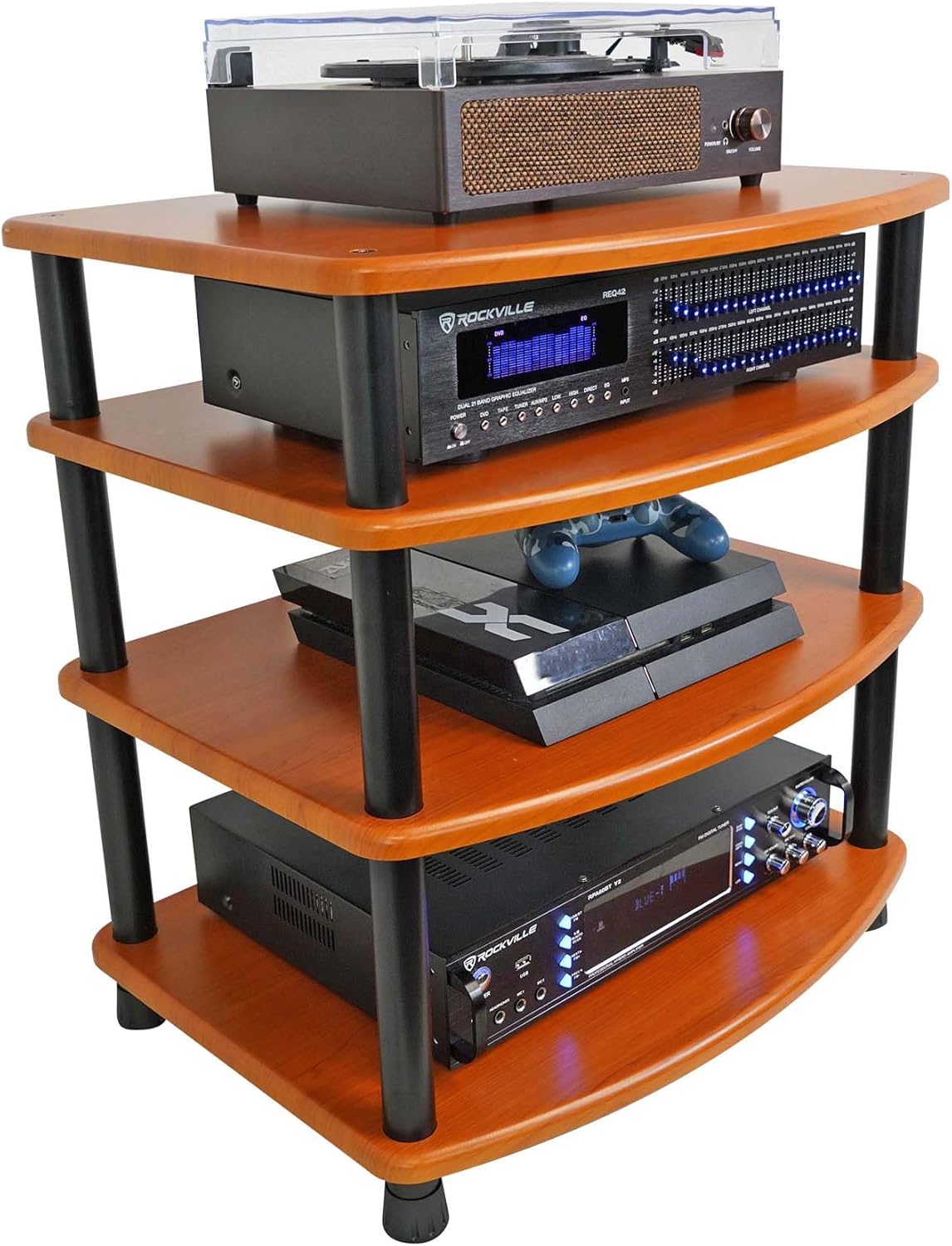 Rockville FLX Classic Wood Adjustable Height 4 Shelf A/V Rack Stand, Expandable Design, for Home Theater