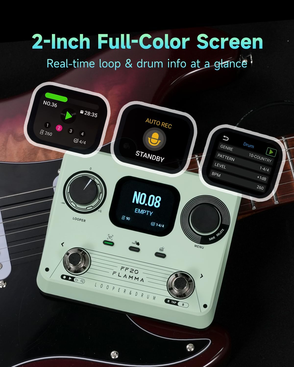 FLAMMA FF20 Looper Pedal Drum Machine, Drum Looper Guitar Pedal with Screen, 300 Min Recording, 220 Drum Grooves, 100 Loop Slots, Time Stretch, Auto Record, USB & Headphone Out, for Guitar and Bass