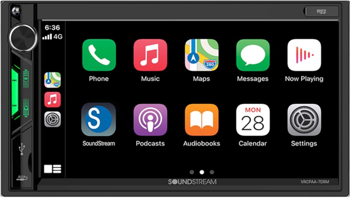 Soundstream Double Din Car Stereo VRCPAA-7DRM – 7” Apple CarPlay & Android Auto Head Unit, Bluetooth Stereo for Car, AUX, USB, SD, AM/FM Radio – Mechless Double DIN Touchscreen