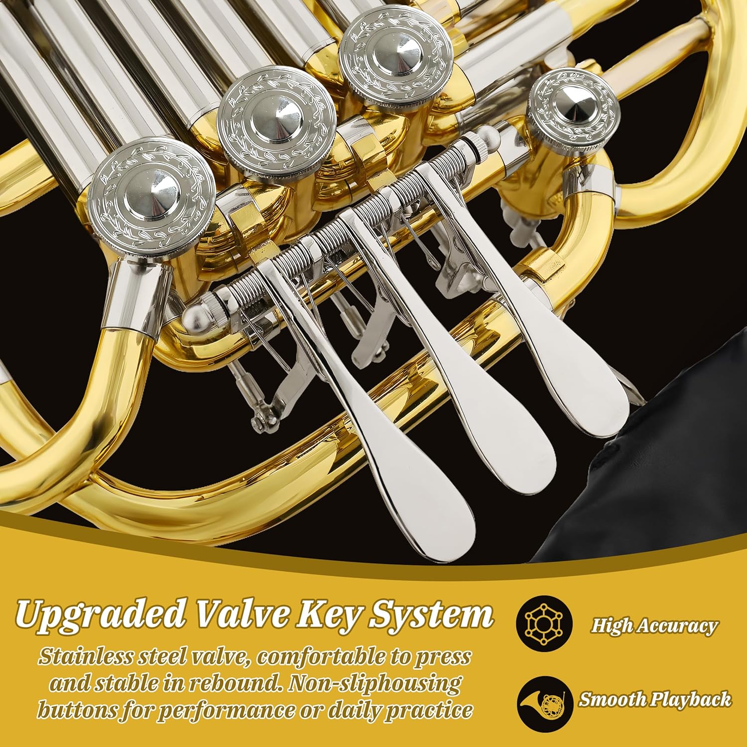 Double French horn F/Bb 4 keys, French horn lacquered gold, comes with case, mouthpiece, gloves, cleaning cloth, brush