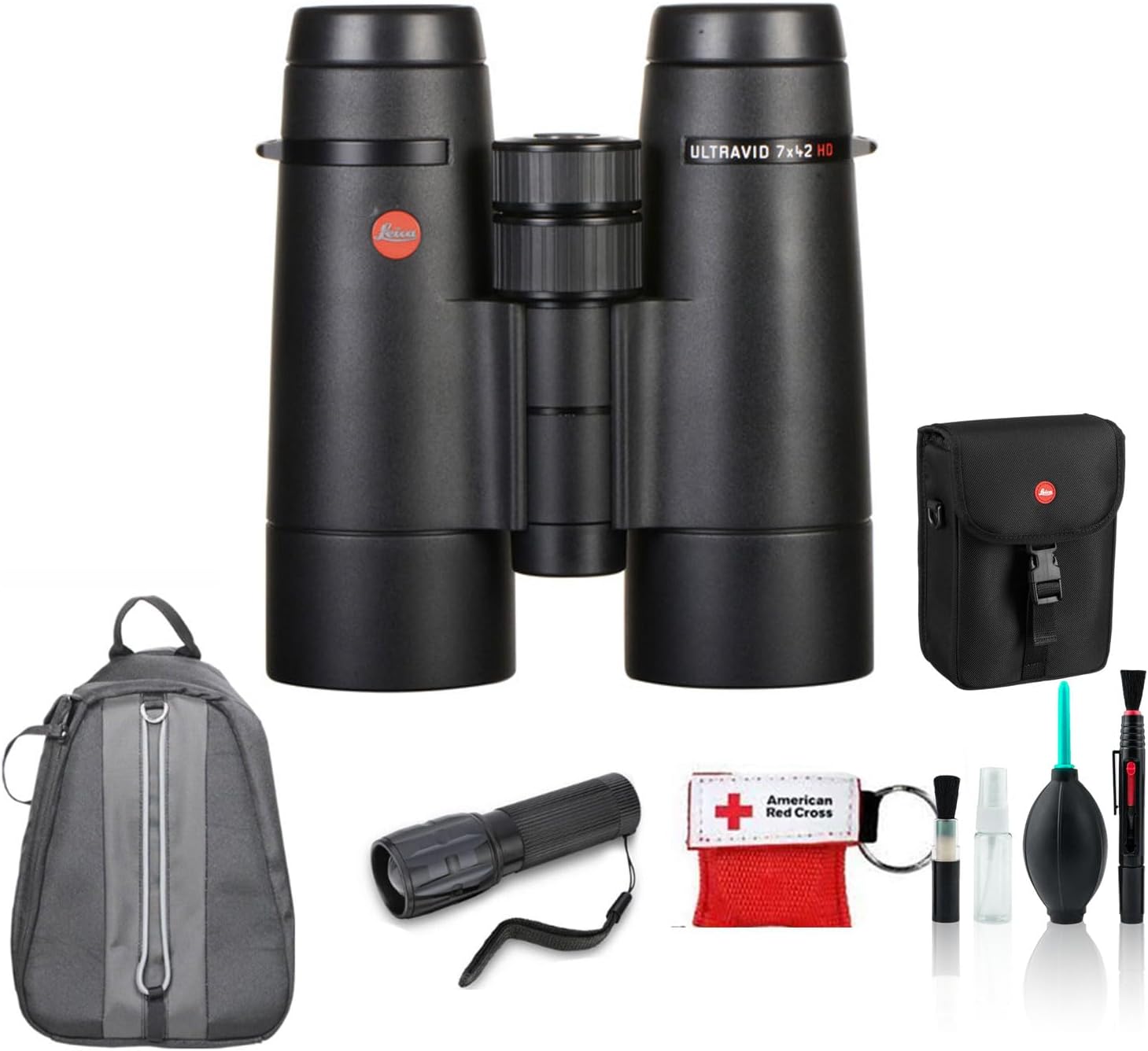 Leica 7x42 Ultravid HD-Plus Binoculars Waterproof Binoculars 40092 - Bundle with Backpack + Cleaning Kit + Flashlight