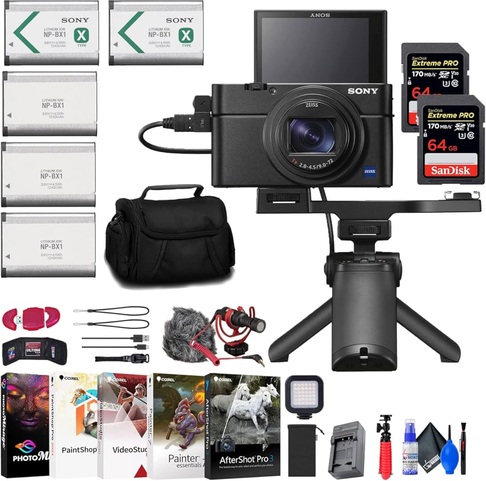 Sony Cyber-Shot DSC-RX100 VII Digital Camera with Shooting Grip Kit (DSC-RX100M7G) + 2 x 64GB Card + Case + 3 x NP-BX1 Battery + Card Reader + LED Light + Corel Photo Software + More (Renewed)