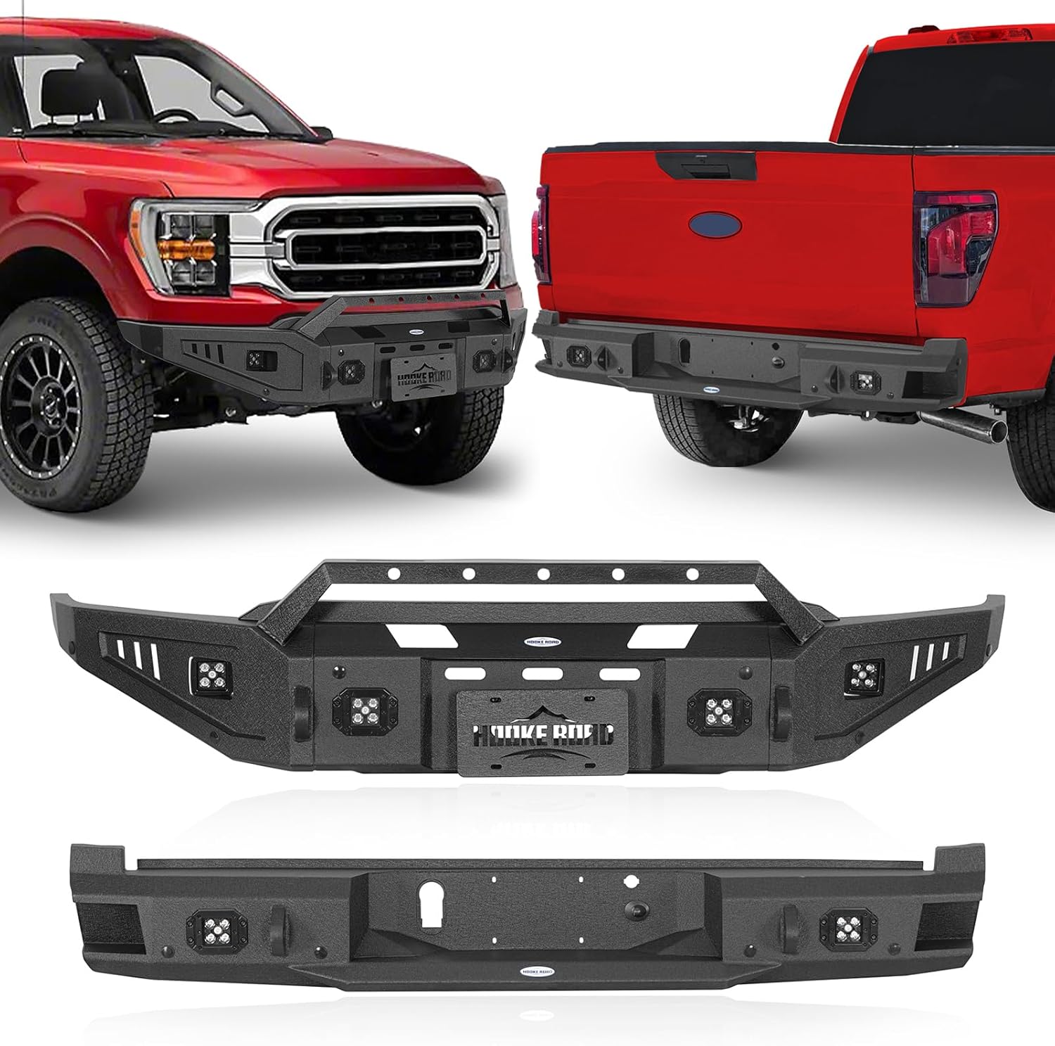 Hooke Road F150 Front and Rear Bumper Kit for Ford F-150 2021 2022 2023 (Exclude Raptor & Tremor), Off-road Steel Replacement Bumpers with Winch Plate, LED Lights, D-ring Mounts