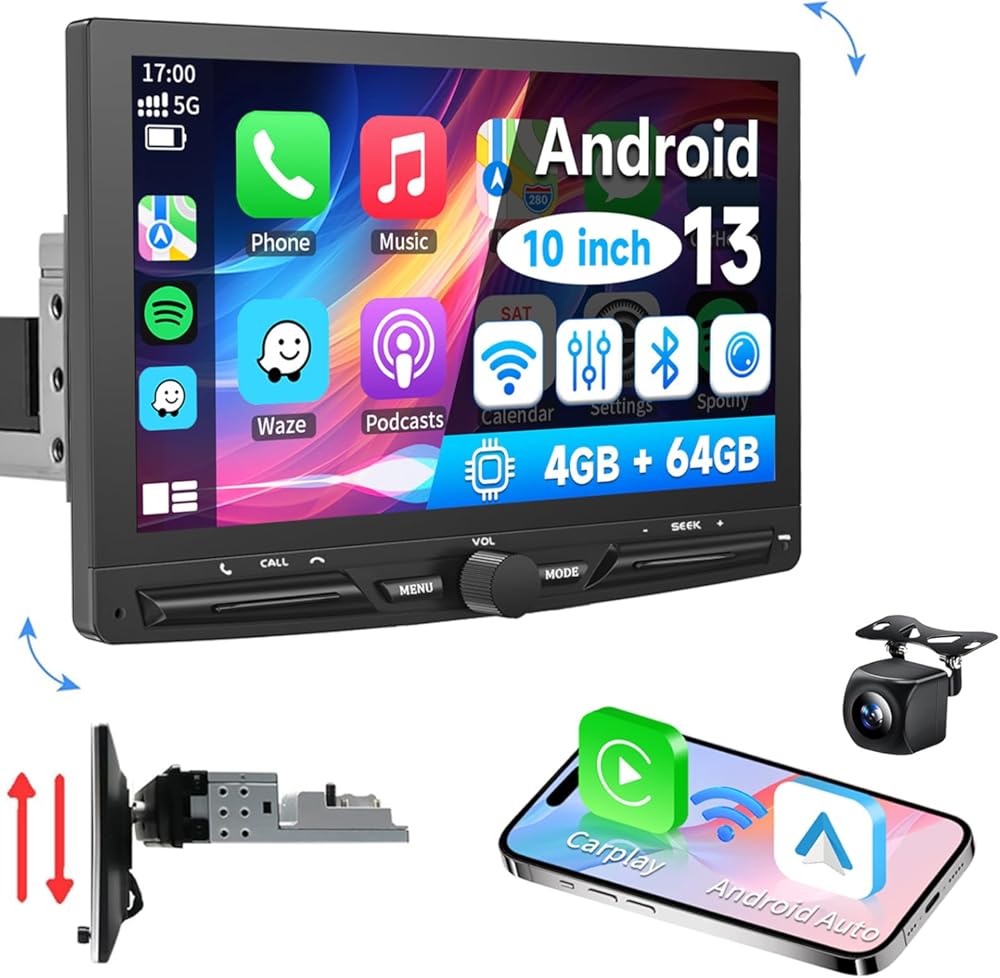 4G+64G 8 Octa Core Android 13 Single 1 Din Car Stereo Radio 10.1inch Rotatable Detachable Touch Screen Apple Carplay Android Auto Bluetooth Mirror Link/GPS Navigation/Backup Camera Dual WiFi
