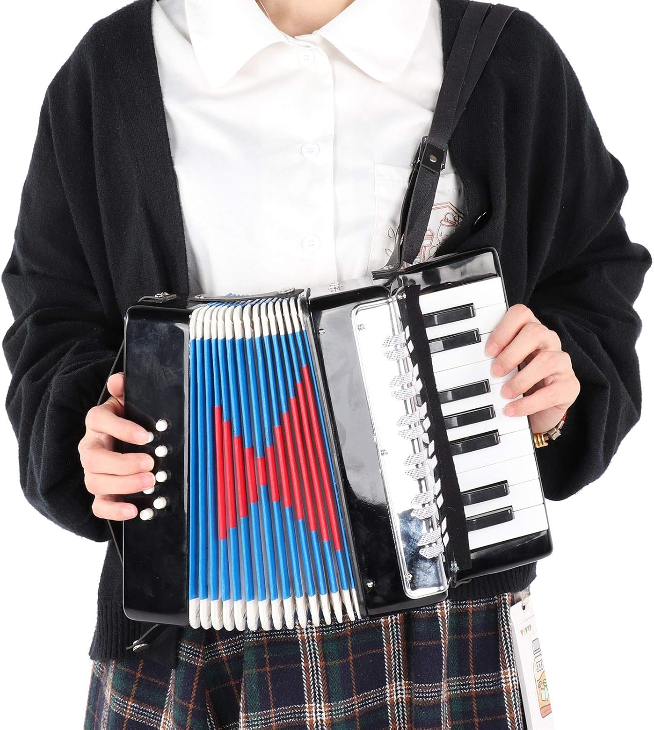 Eujgoov Accordion Musical Piano Keyboard Rhythm Training Spring Instrument 17 Key 8 Bass Black