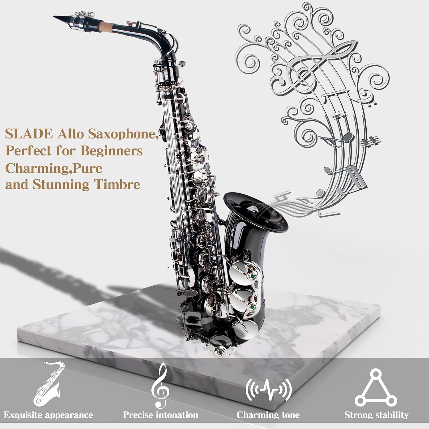 SLADE Eb Alto Saxophone for Beginner Students, Adult, Black & Silver