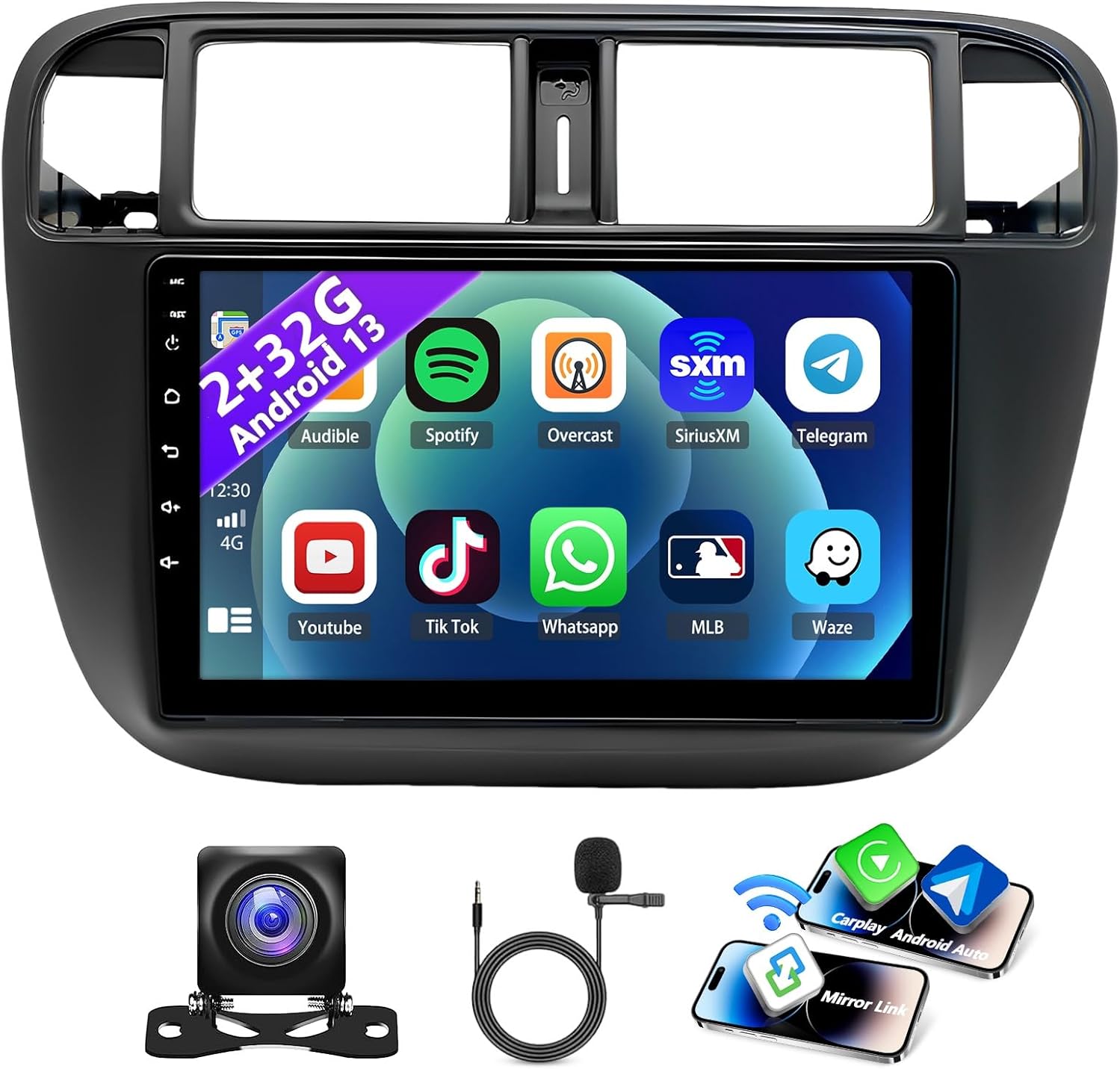 9 inch Android 13 Car Stereo Radio for Honda Civic 1995 1996 1997 1998 1999 2000 with Wireless CarPlay &Android Auto, Support Mirror Link WiFi GPS Navi SWC BT USB FM+AHD Backup Camera Mic
