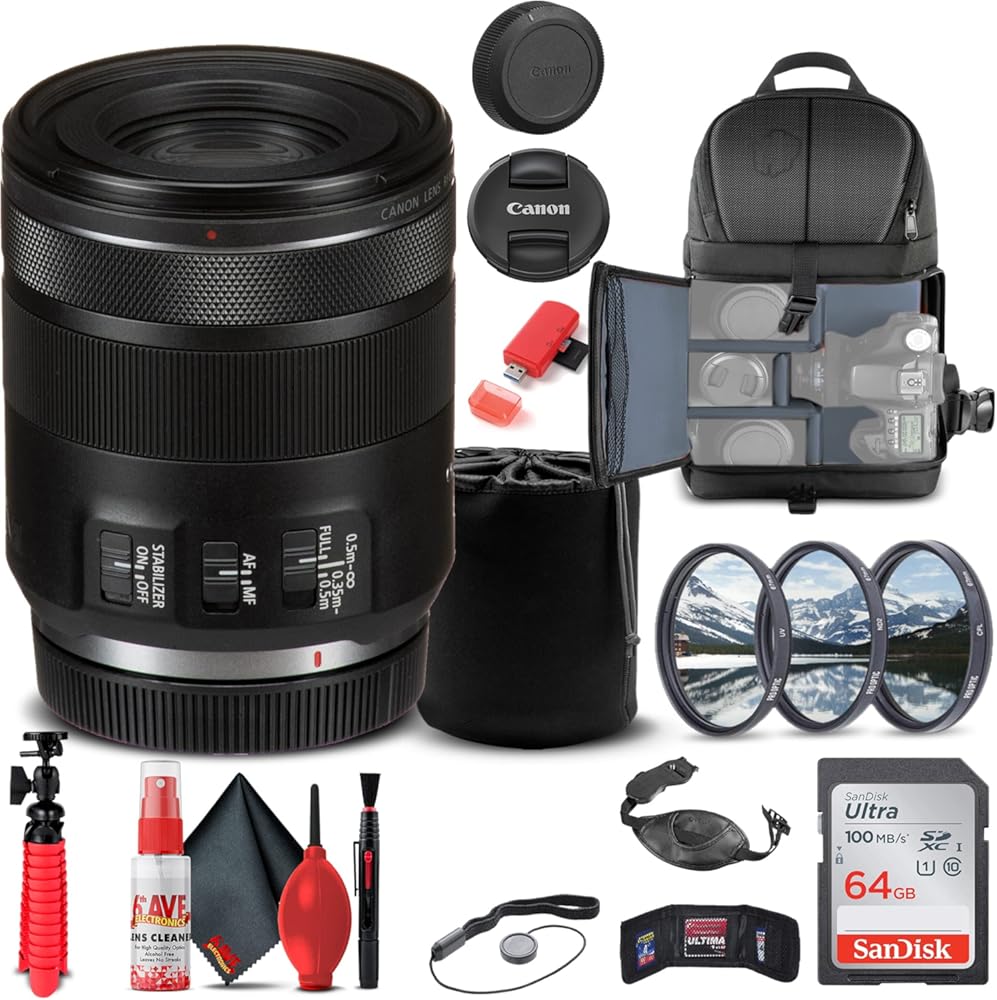 Canon RF 85mm f/2 Macro is STM Lens (4234C002) + Filter Kit + Backpack + 64GB Card + Lens Pouch + Card Reader + Flex Tripod + Memory Wallet + Cap Keeper + Cleaning Kit + Hand Strap + More (Renewed)