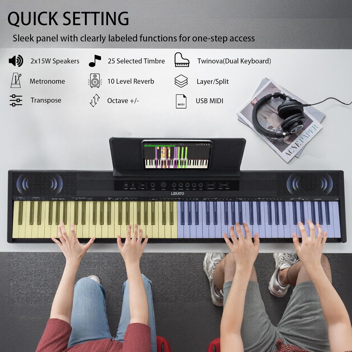 LEKATO 88 Keys Digital Piano, Semi Weighted Electric Keyboard Piano with 15W×2 Stereo Speakers, Reverb Split Layer Duet Mode, Headphone Jack, USB MIDI, AUX, for Beginner Professional at Home Stage