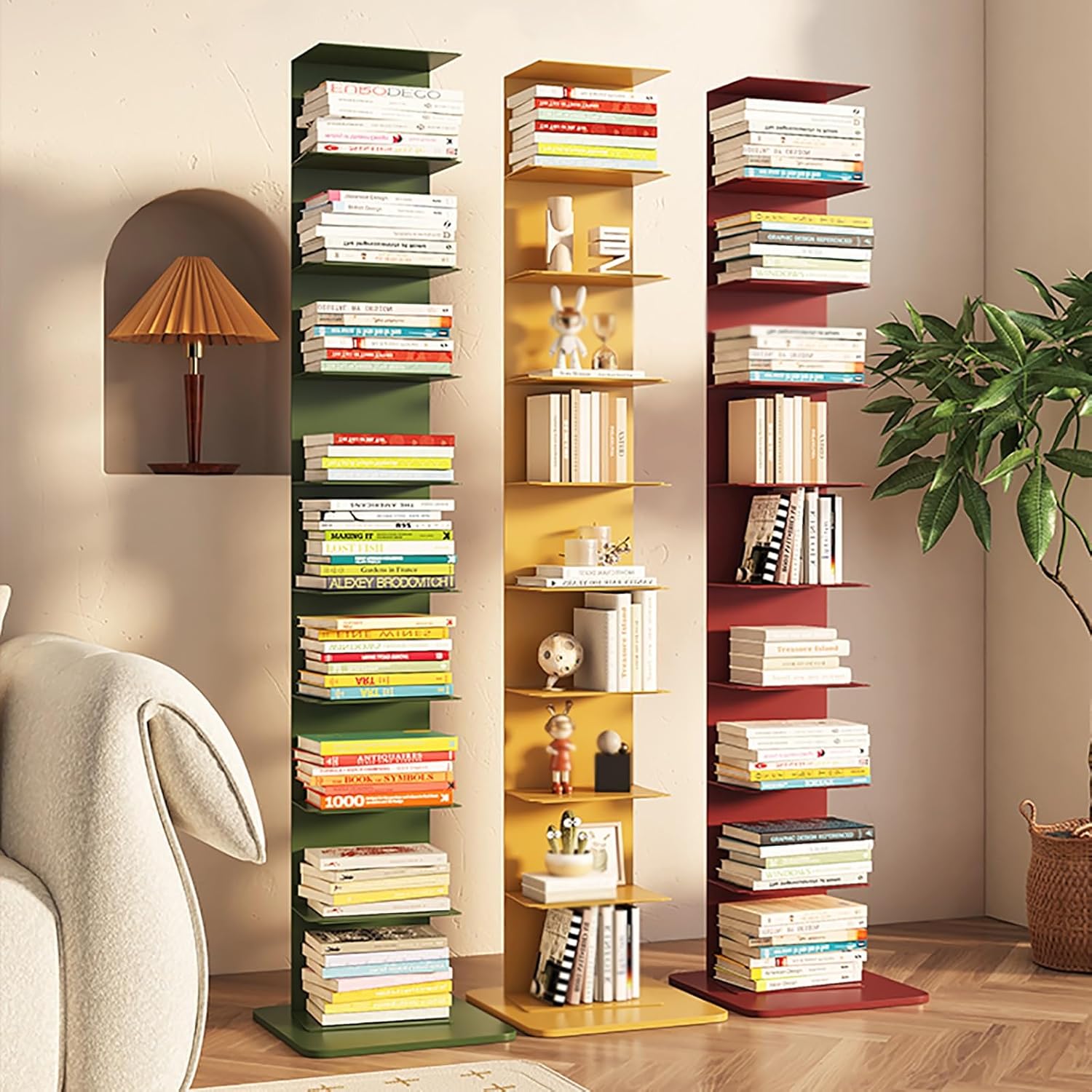 Metal Spine Bookshelf Tower, Modern Open Vertical Bookcase, Invisible Floating Storage Rack, Narrow Floor Standing Organizer, Display Shelf for Small Space(White)