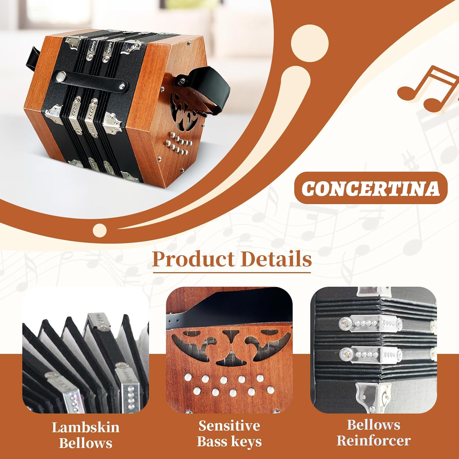Concertinas,20-key accordion for adults, professional accordion for beginners, adjustable hand straps, instrument accessories (WOOD)