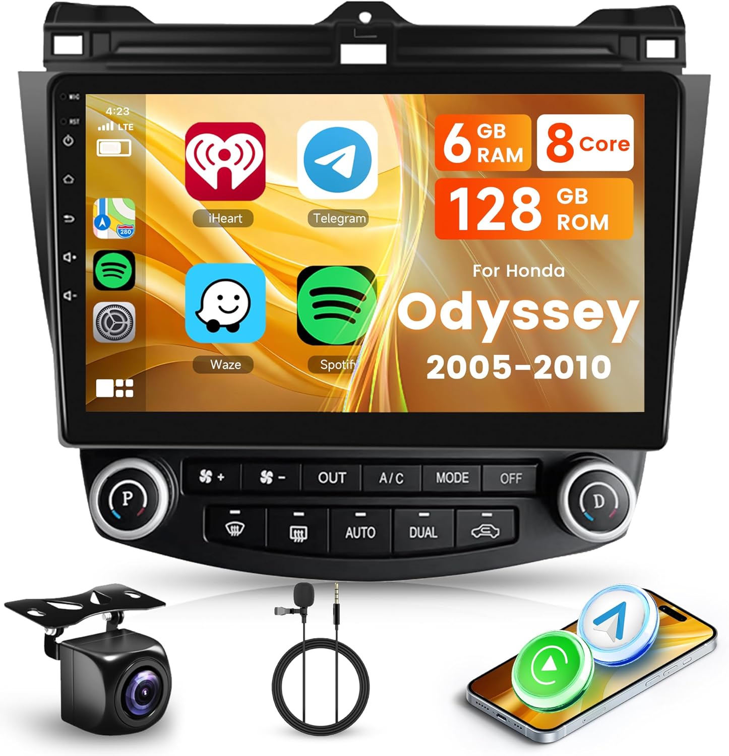 8 Core 6+128G Android Car Stereo Radio for Honda Accord 2003-2007 Wireless Carplay Android Auto, 10.1’’ Touch Screen Head Unit Bluetooth GPS Navigation Mirror Link WiFi FM/RDS DSP Backup Camera SWC