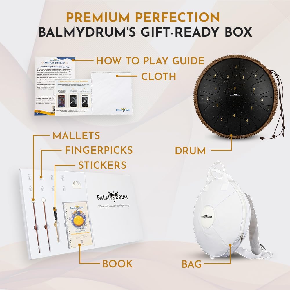 The Balmy Drum - Steel Tongue Rain Drum Outside 15 Note 14 Inch (Black) - Chakra Drum for Rain Outdoor, Steel Drums for Adults, Tongue Drums Set with Music Book, Hand pan, Mallet and Carry Bag