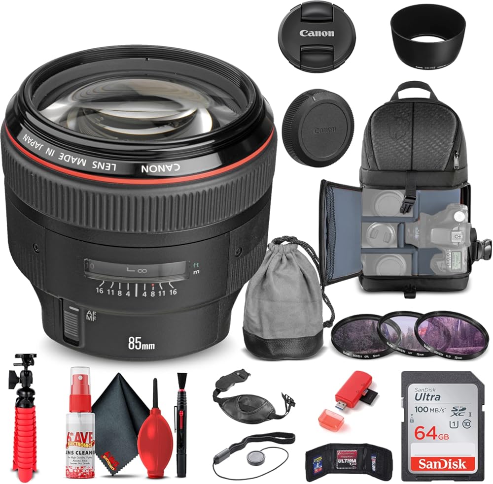 Canon EF 85mm f/1.2L II USM Lens (1056B002) + Filter Kit + Backpack + 64GB Card + Card Reader + Flex Tripod + Memory Wallet + Cap Keeper + Cleaning Kit + Hand Strap + More (Renewed)