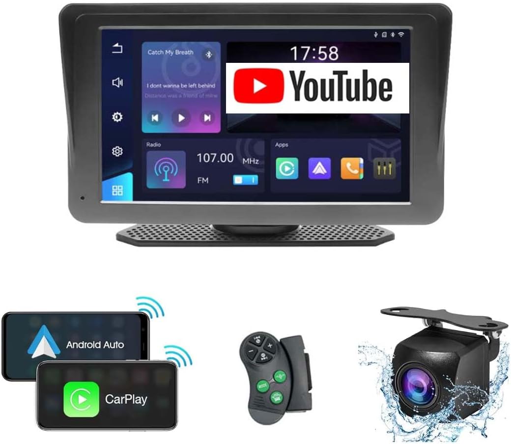 Car Stereo Built-in YouTube Wireless Apple Carplay Android Auto,7 Inch Touch Carplay Screen with Steering Wheel Remote Control for Car Bluetooth Hands-Free/TF Card/AUX Cable, Backup Camera