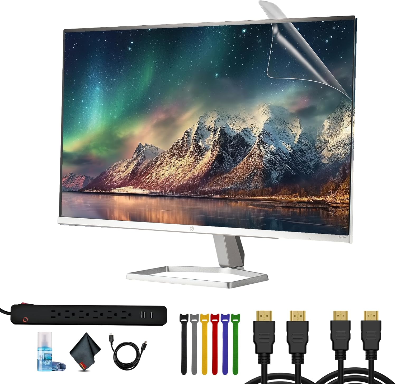 HP Series 5 27 inch FHD White Monitor (HP527SW) Bundle Including: 3X HDMI Cable, Surge Protector, Cable Ties, Screen Cleaning Kit, Screen Protector