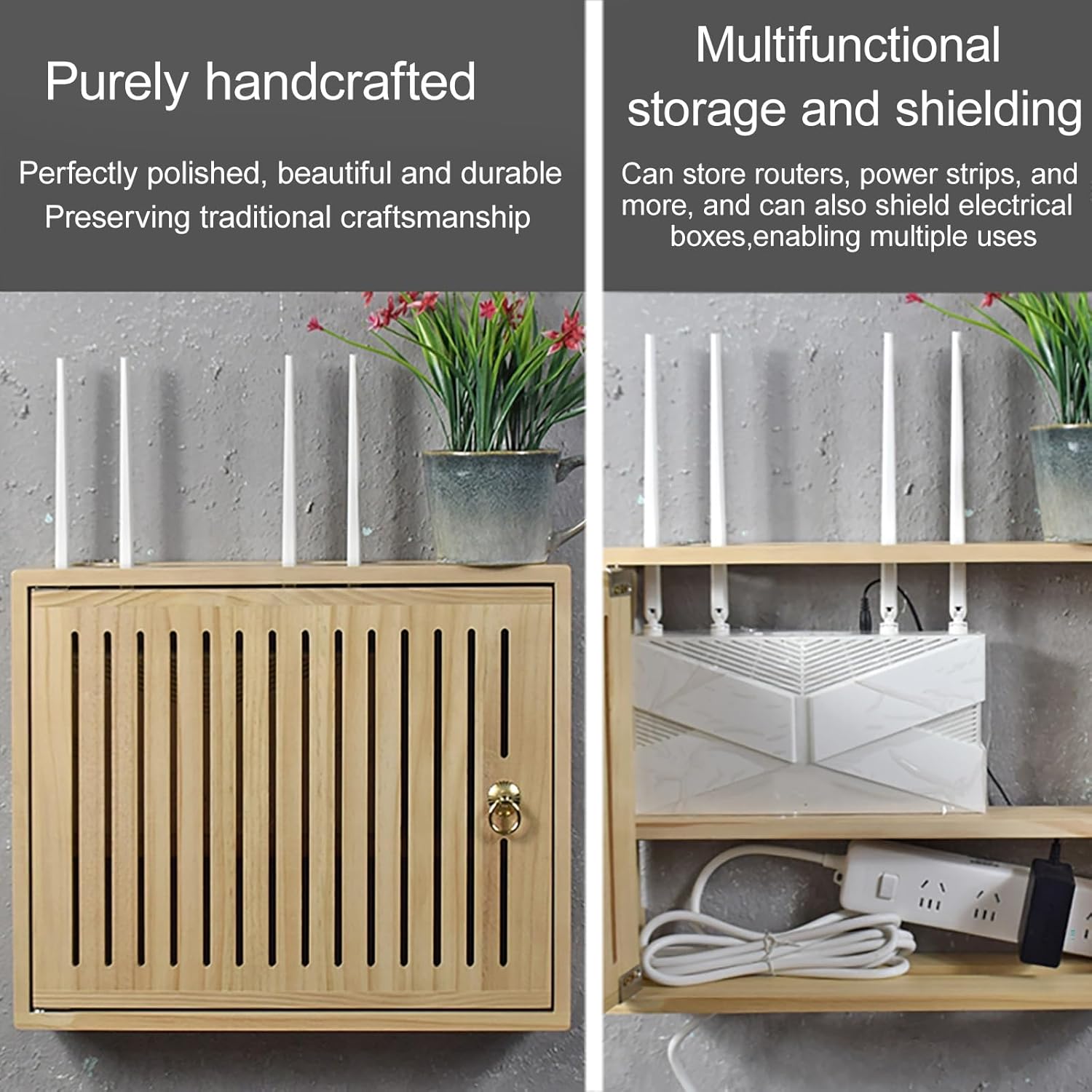 Wall Mounted WiFi Box Hider, Projector Shelf, Power Strip Cable Management Hider Rack by Solid Wood, Router Cabinet for Wall, Office and Home(Black,19.5 * 3.5 * 16.8in)