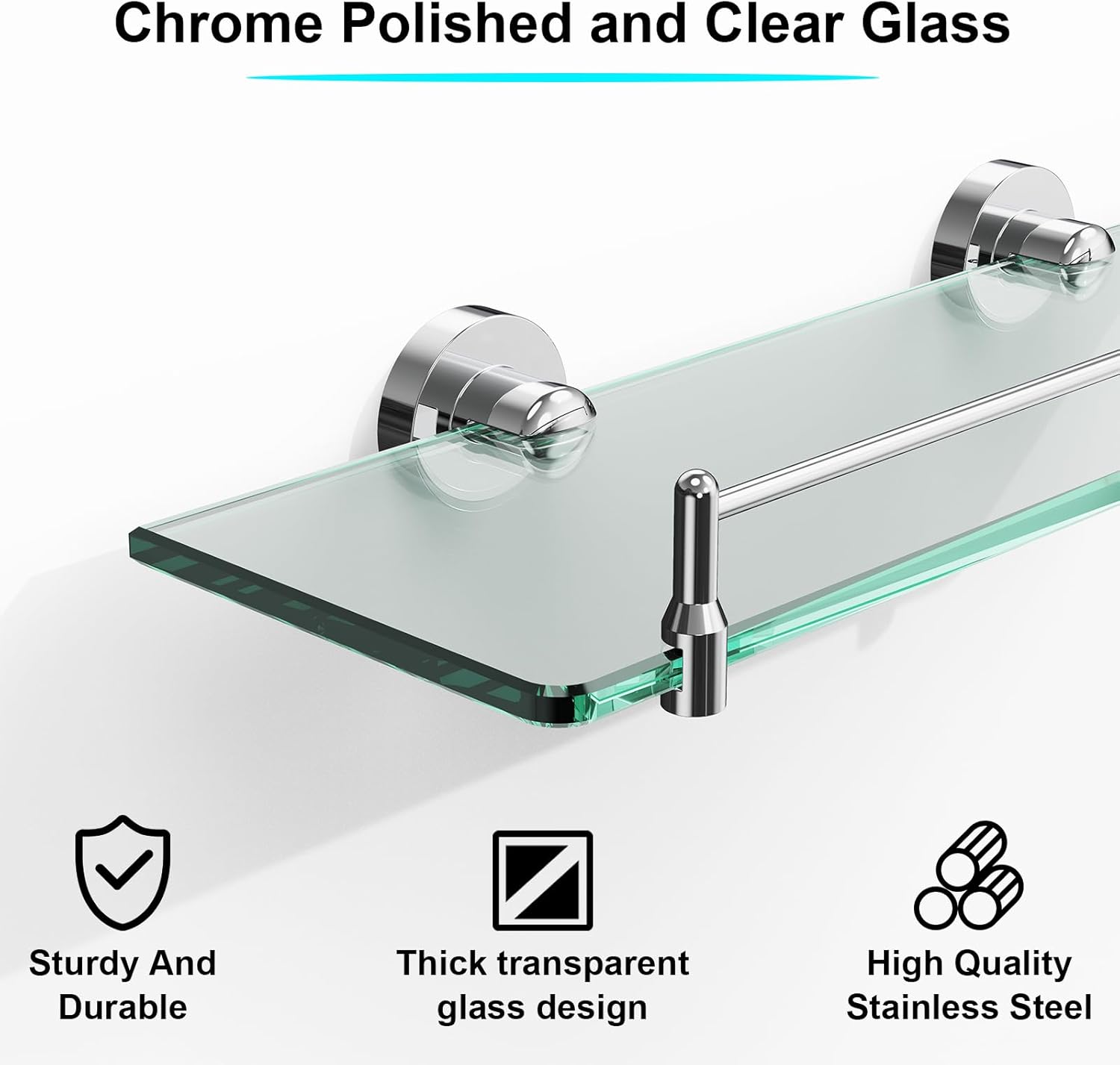 Glass Shelf for Bathroom 2 Pack,16-Inches Floating Glass Shelves Towel Bar/Track(Chrome Polished)