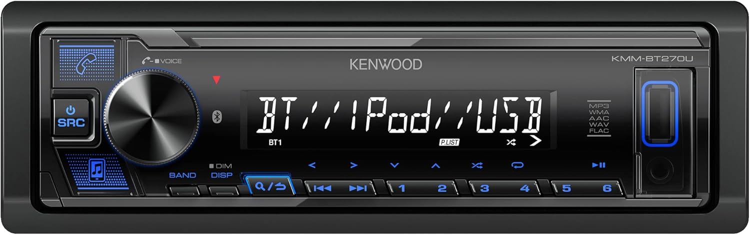 KENWOOD KMM-BT270U Bluetooth Digital Media Car Stereo Receiver with USB Port – AM/FM Radio, MP3 Player, High Contrast LCD, Detachable Face Plate, Single DIN, 13-Band EQ